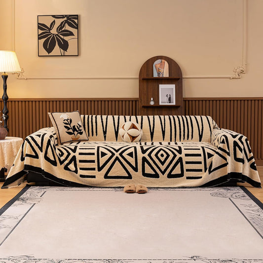 HANDONTIME Boho Sofa Covers for Dogs Black and White Couch Sofa Covers for 3 Cushion Couches Sofa Beige Shu Velveteen Couch Covers for Sectional l Shaped Short Plush Furniture Covers 71" X134"