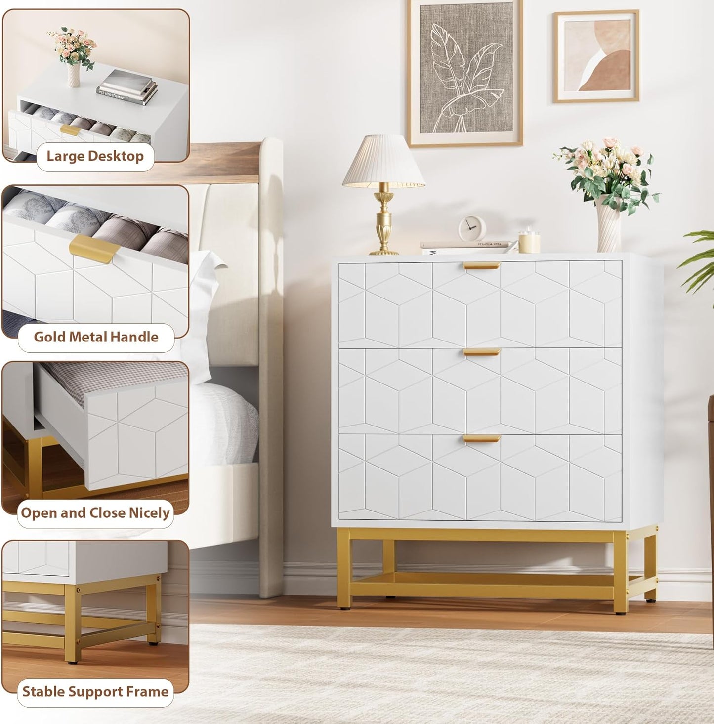 GAOMON 3 Drawer Dresser, Wood Chest Drawers with Storage for Closet, Bedroom, Drawers Dresser Modern Bedside Nightstand with Gold Handles, White