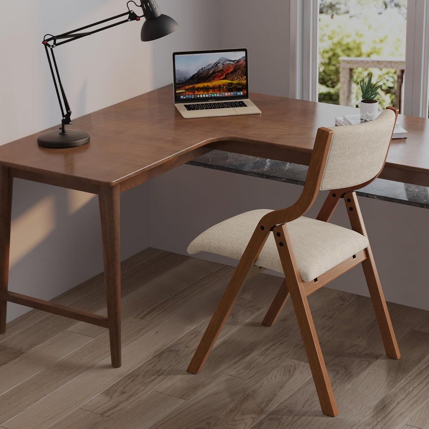 Folding Dining Chairs Set of 2, Upholstered Kitchen Chair with Padded Seat & Backrest, Modern Side-Chair with Wood Legs for Home Office Living Room,No Assembly Needed,Cream Taupe+ Walnut