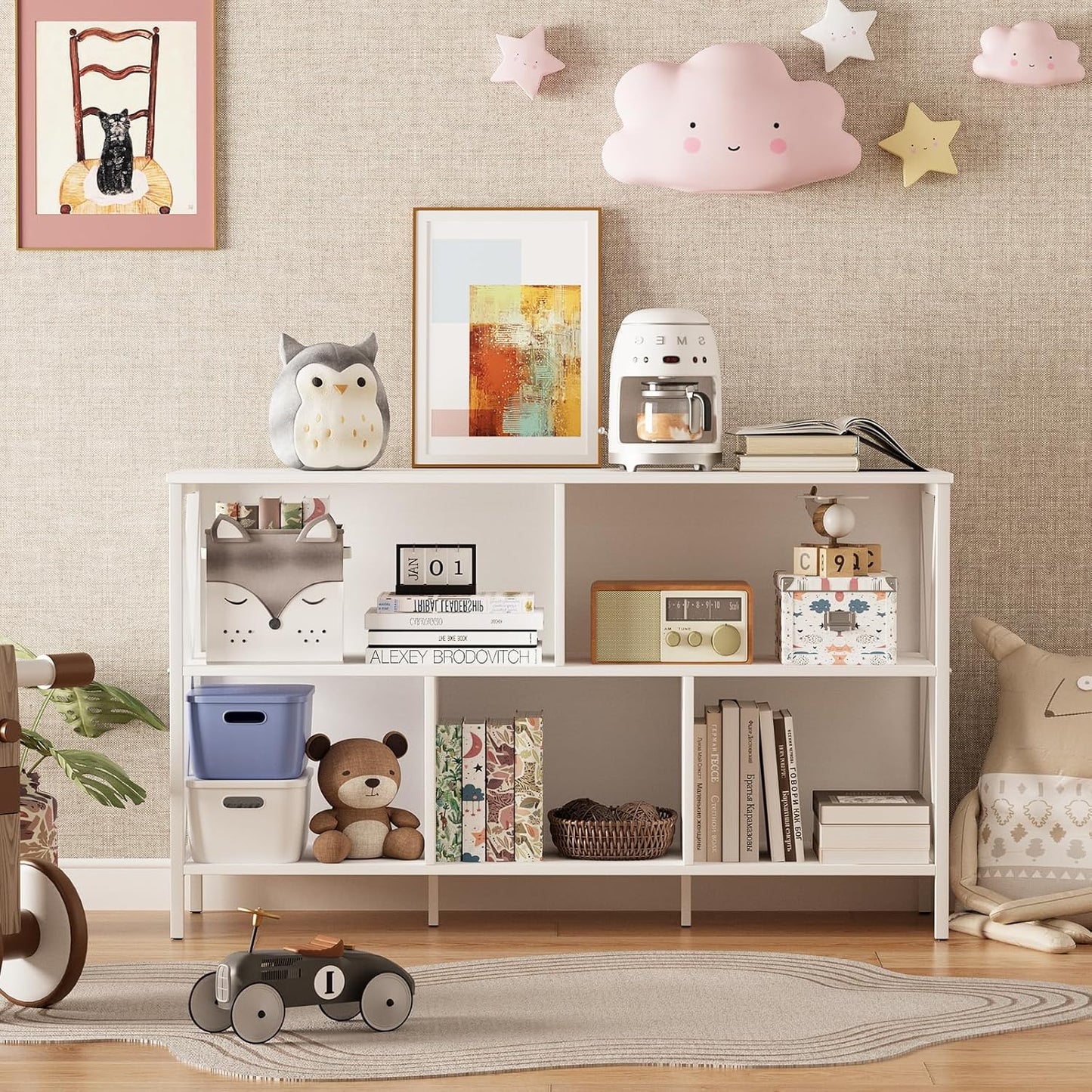 Horizontal Bookshelf,Industrial Modern 5 Cube Low Wide Cubby Bookcase,Long Wood and Metal Storage Organizer Open Shelf, Short Book Shelf Bedroom Storage for Home Office Living Room(White,5 Cube)