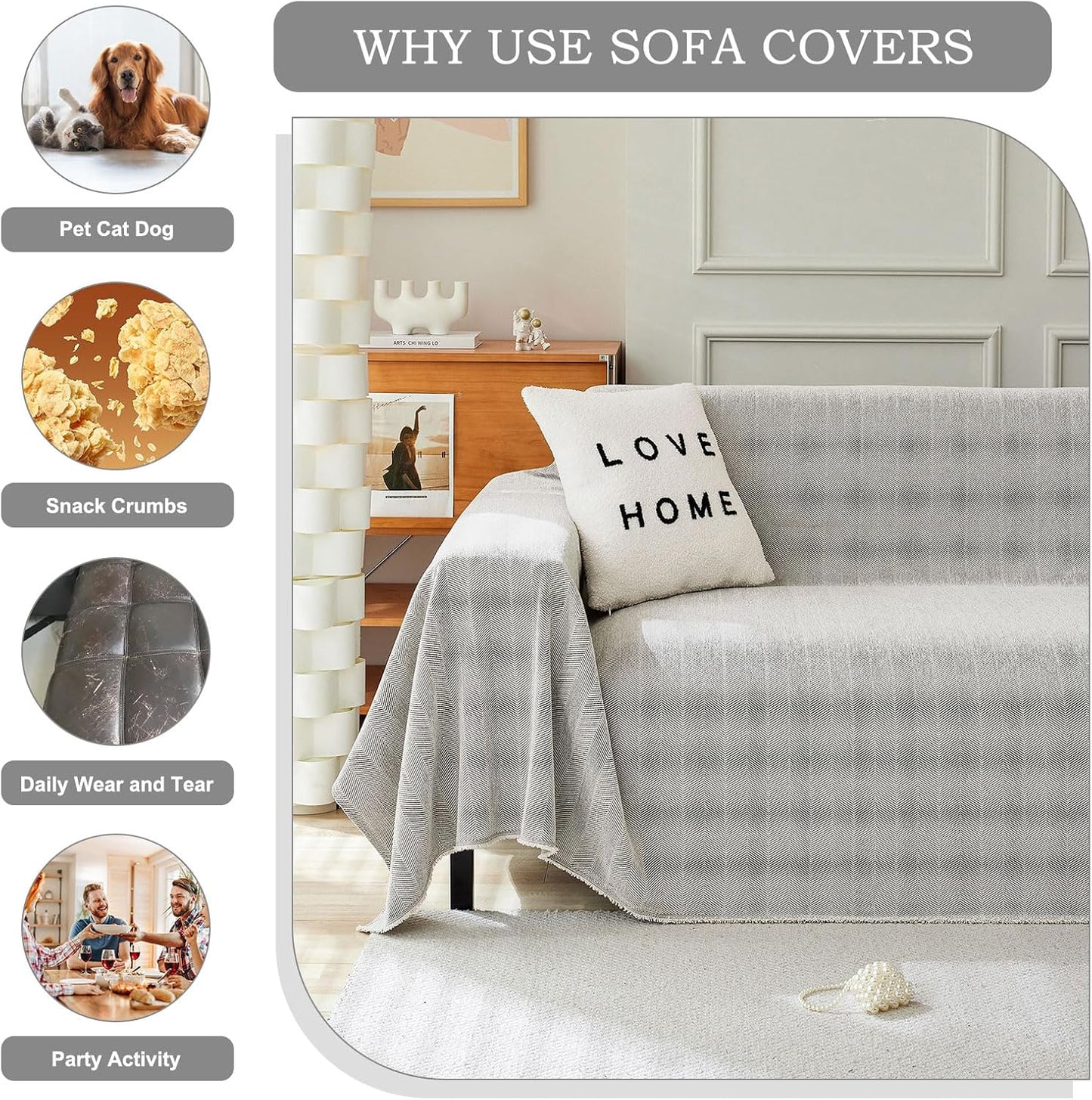 STACYPIK Silver Gray Sofa Cover for Dog, Herringbone Sectional Couch Cover, Pet Friendly Protector for 3 Cushion Couch, Non-Slip L Shaped Sofa Covers, Washable Multi-use Jacquard Blankets-91X150IN