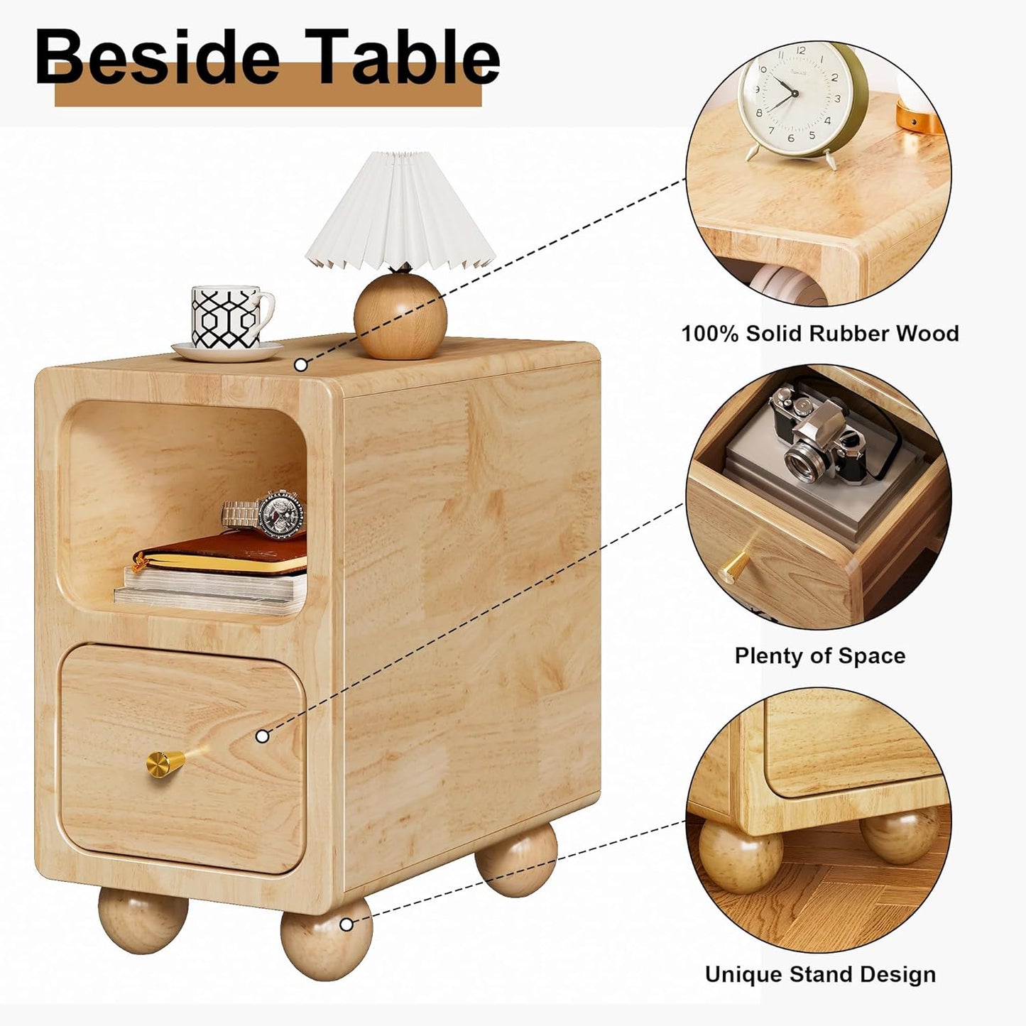 Solid Wood Night Stand, Narrow Nightstand with Drawers, Natural Mid Century Modern Nightstand, Small Beside Table with Open Storage Shelf for Bedroom (10 inch)