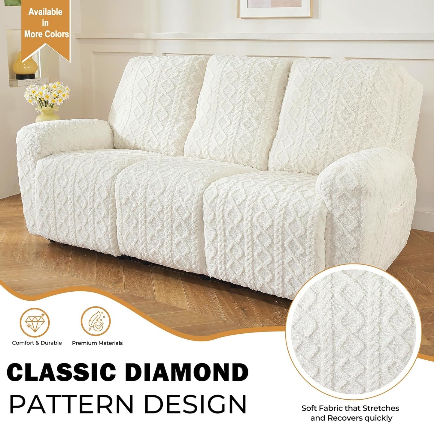 vctops 8 Pieces Geometric Jacquard Plush Recliner Sofa Covers Soft Fuzzy Fluffy 3 Seats Couch Cover Anti-Slip Sofa Slipcover Furniture Protector with Elastic Bottom for Kids Pet(Cream,3 Seat)