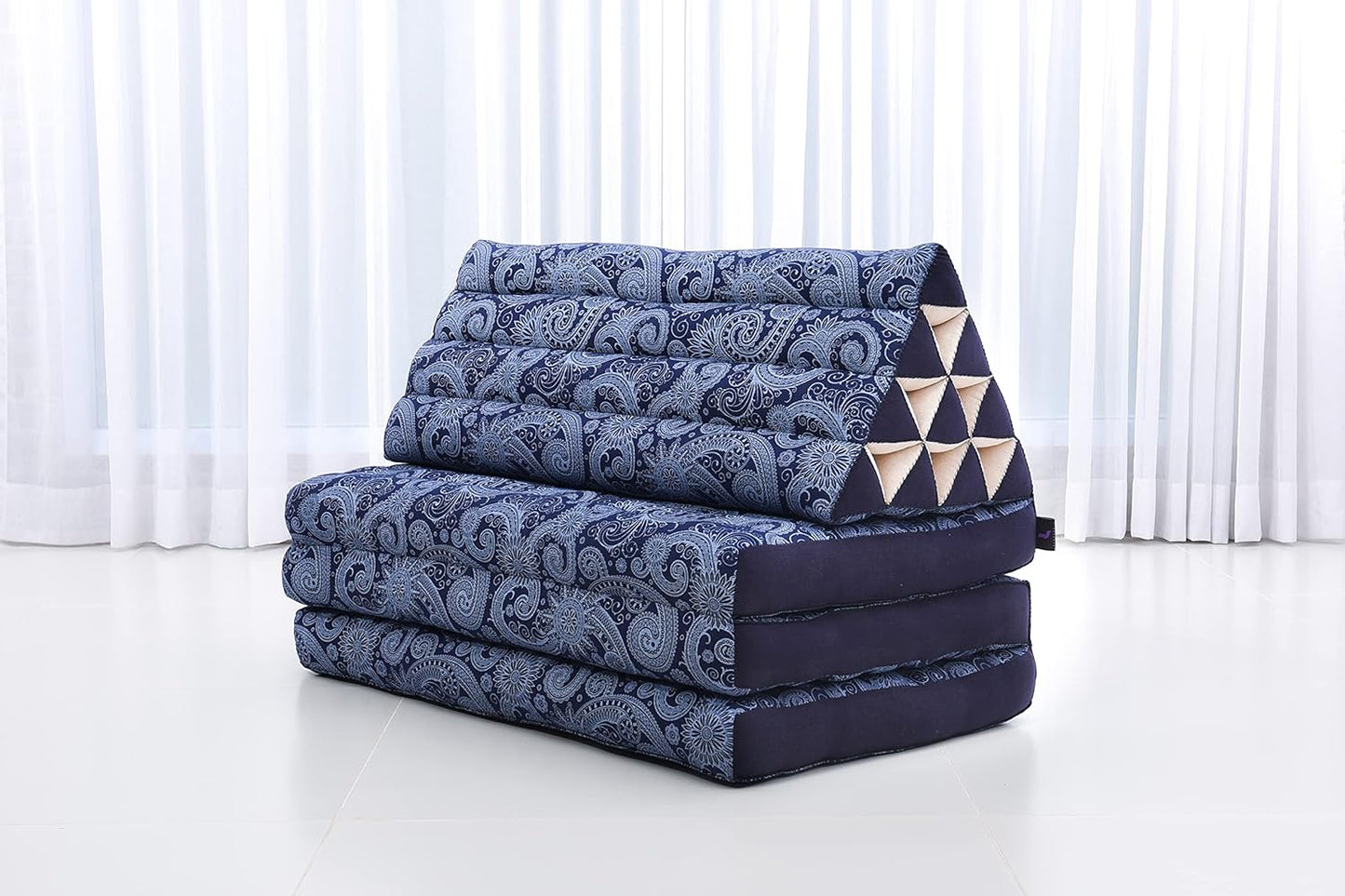 Leewadee Comfortable Japanese Floor Mattress - Thai Floor Bed with Triangle Cushion - Futon Mattress - XL Extra Wide Thai Massage Mat, 67 x 31 inches, Blue White, Kapok Filling