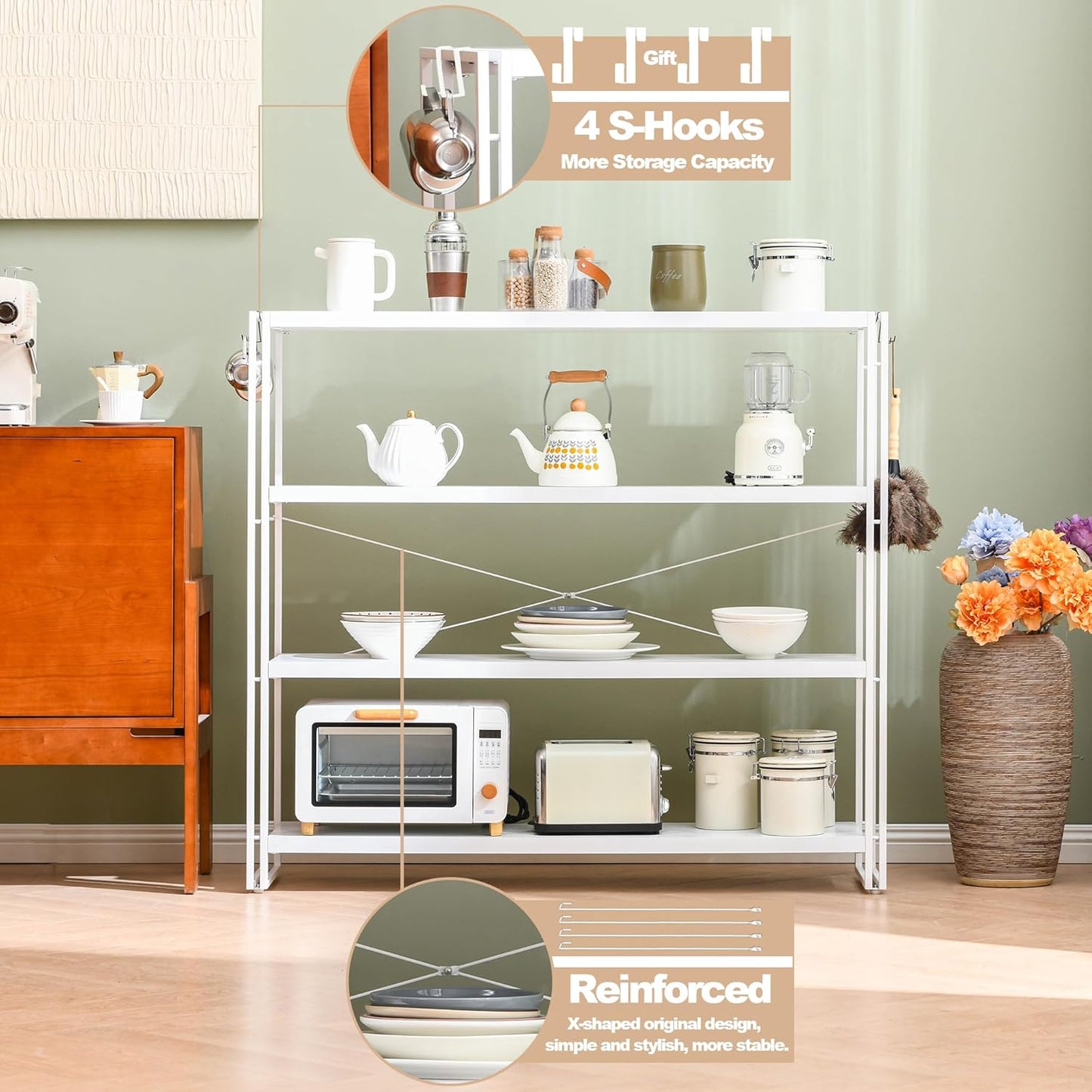 HCHQHS Bookshelf, 4-Tier Industrial Bookcase, White Open Book Shelf, Freestanding Tall Bookshelves with Metal Frame