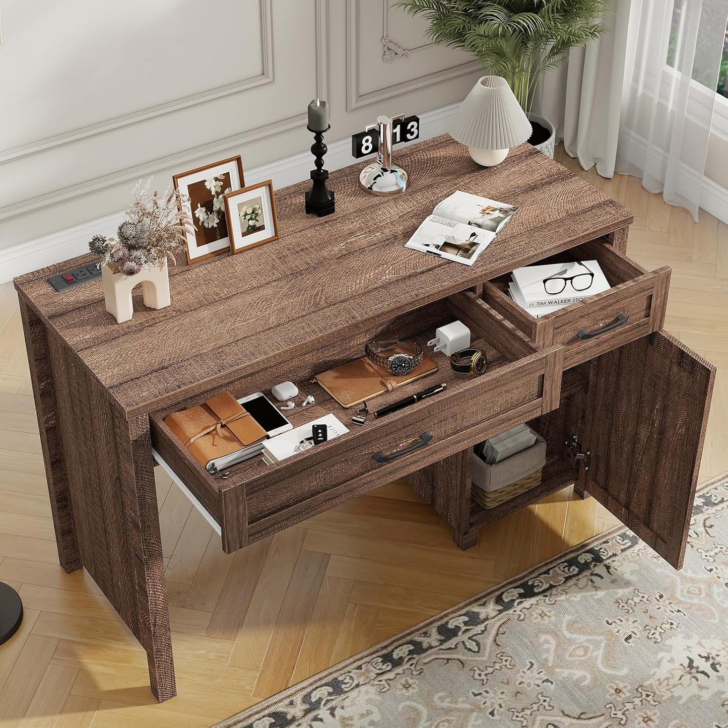 Farmhouse 47" Executive Desk, Computer Desk with Drawers and Storage Cabinet, Workstation Computer Desk for Home Office, Study.Red-Brown