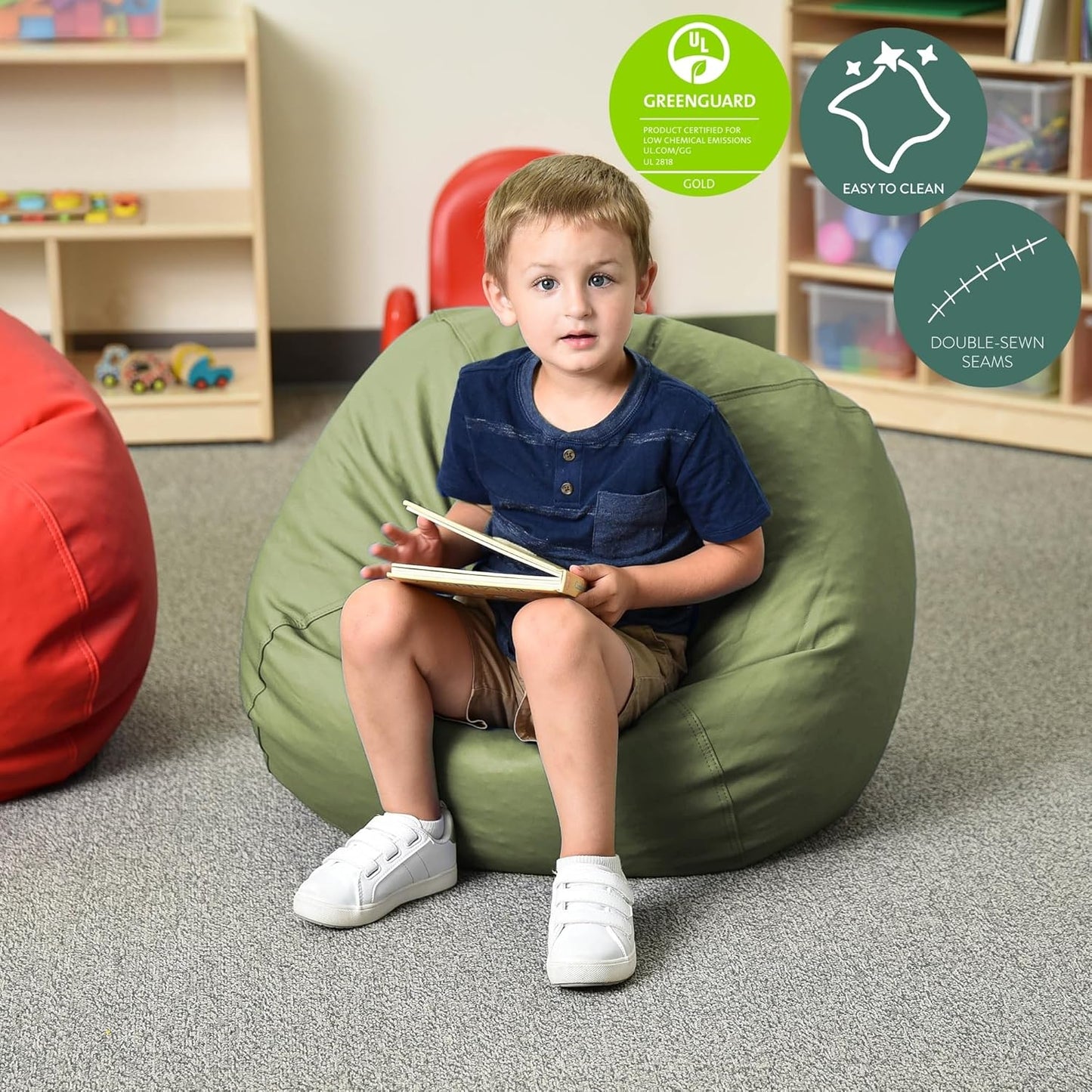 Children's Factory, CF610-036, 26" Go2 Bean Bag, Sage, Kids Flexible Seating for Reading Nook, Daycare, Playroom, Classroom, and Homeschool Furniture