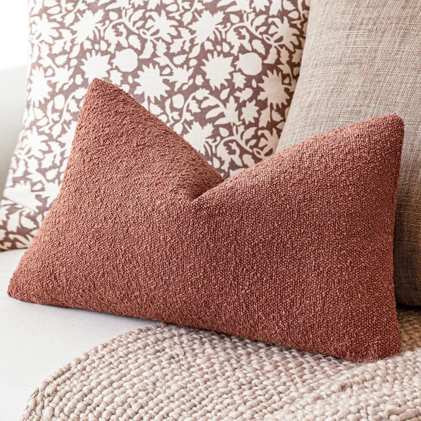 Foindtower Pack of 2 Textured Boucle Throw Pillow Covers Accent Solid Decorative Lumbar Pillow Cases Cozy Couch Cushion Case for Chair Sofa Bedroom Living Room Home Decor 12x20 Inch Orange Rust Red