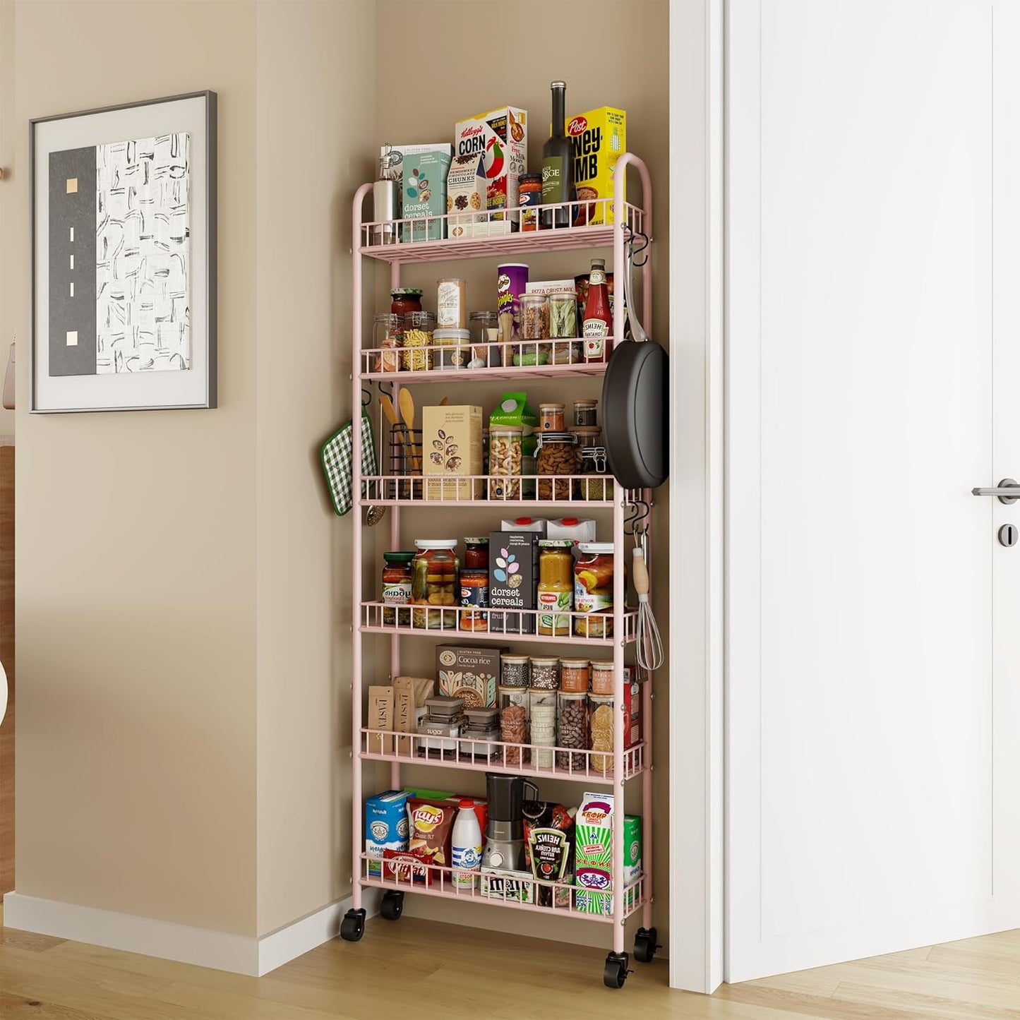 6 Tier Slim Rolling Storage Cart with Wheels, Metal Mobile Shelving Unit Organizer Utility Cart for Office Bathroom Kitchen Laundry Room Narrow Places (Pink 6 Inches)