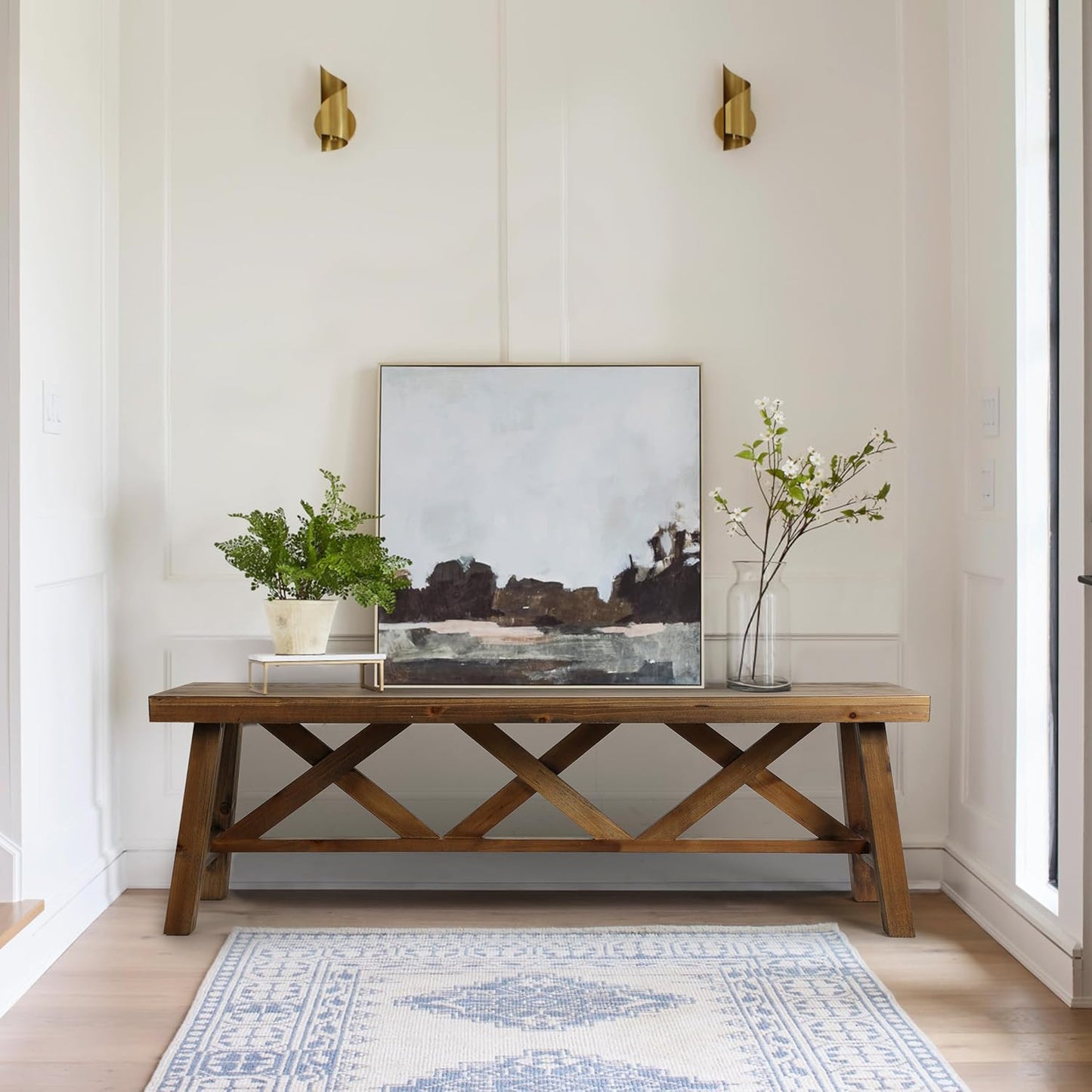 Wnutrees 54" Farmhouse Wood Bench, Rustic Solid Wood Entryway Bench Seat with Double X-Structure for Dining Room, Living Room, Hallway, Structural Stability, Natural