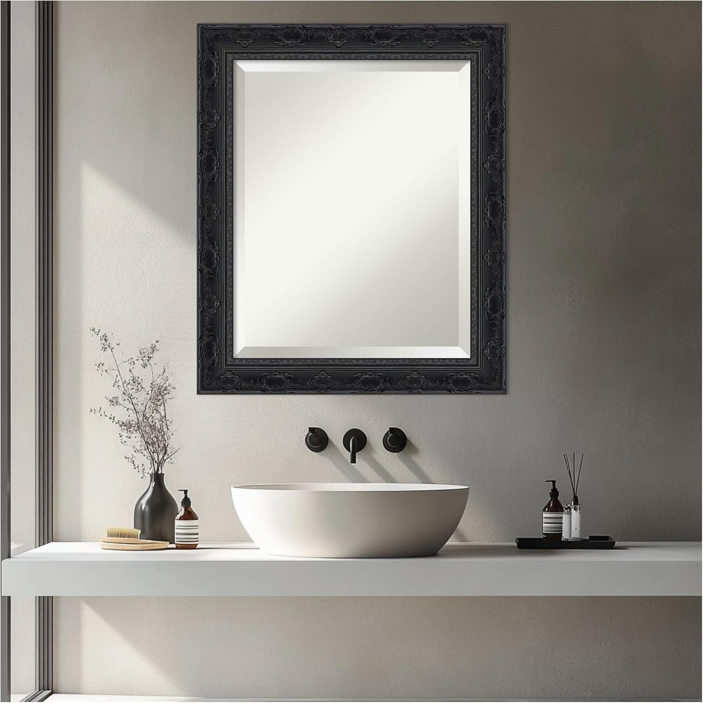 Amanti Art Bathroom Mirror for Over Sink, 25x21 Filigree Gloss Black Rectangle Vanity Mirror, Small Traditional Frame, Hangs Horizonally and Vertically, Bathroom Wall Decor, Beveled Edge