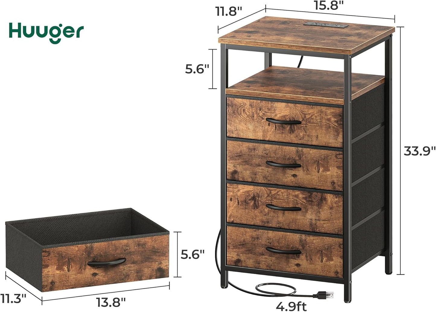 Huuger Night Stand with Charging Station, 4 Drawer Dresser for Bedroom, Bedside Table, 33.9 Inch Tall Nightstand with Open Shelf, End Table, for Closet, Entryway, Bedroom, Rustic Brown