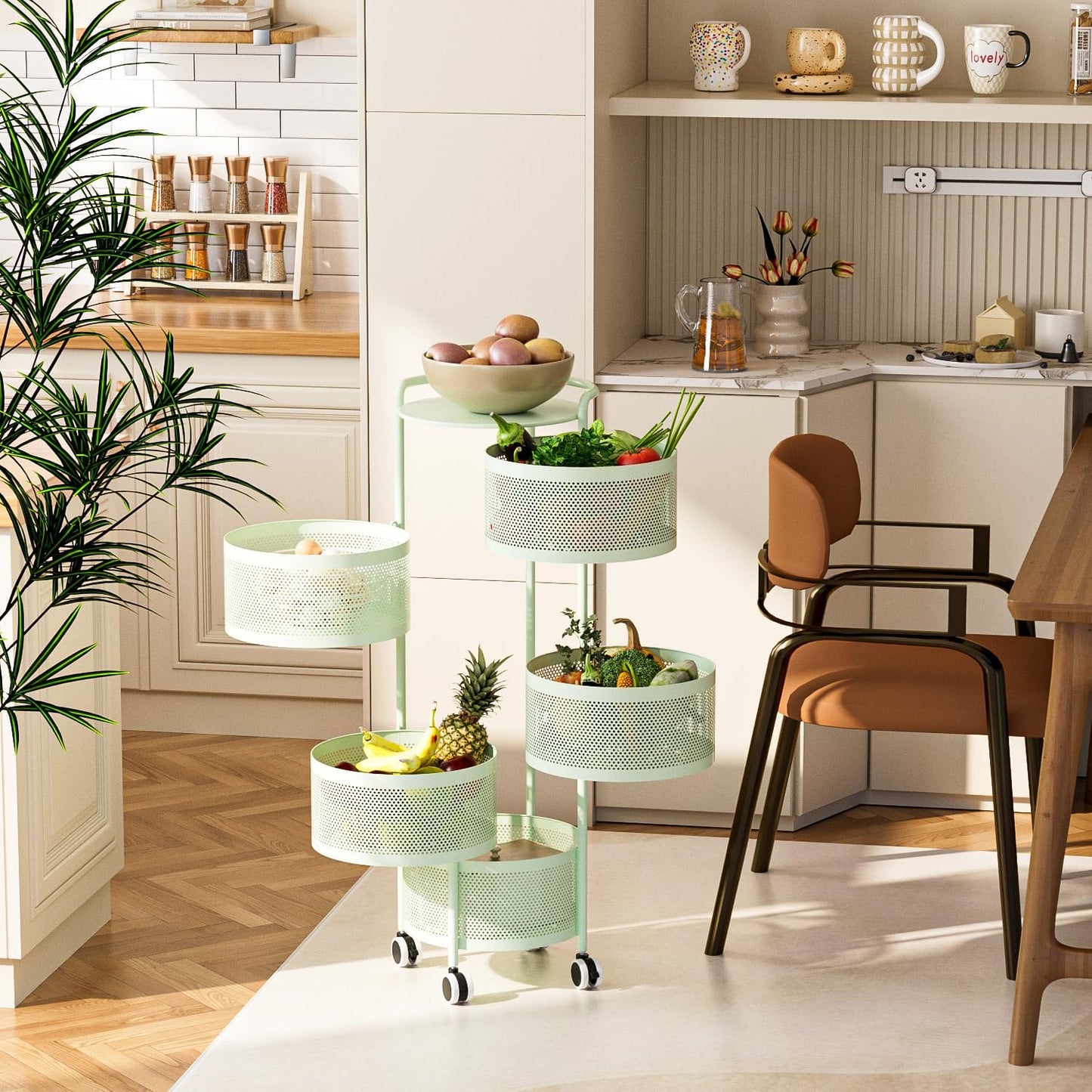 JAQ Rotating Fruit Basket, 5-Tier Metal Sturdy Kitchen Storage Rack Shelf Carts No Assembly on Rolling Wheels for Fruit Vegetable Grocery Corns Potato Onion (5-Tier, Green)