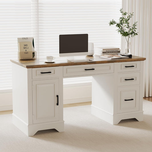 Executive Office Desk, Farmhouse 58" Office Desk with Storage, Wood Executive Computer Desk with Keyboard Tray, File Drawer, Storage Cabinet for Home Office Remote Work-Antique White