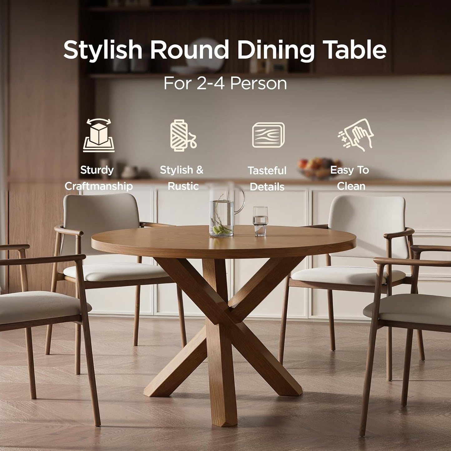 Acanva 47" Small Round Dining Table for 4 Person, MDF Top and Sturdy Wood Base Structure, Modern Design for Kitchen, Compact Space & Apartment, Light Brown