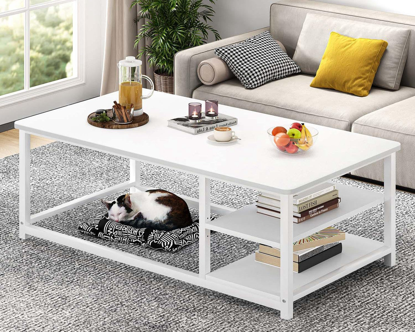 EXCEFUR White Coffee Table, Modern Rustic Wood Center Table with Storage for Living Room, Industrial Rectangle Cocktail Tea Table, 47 Inch