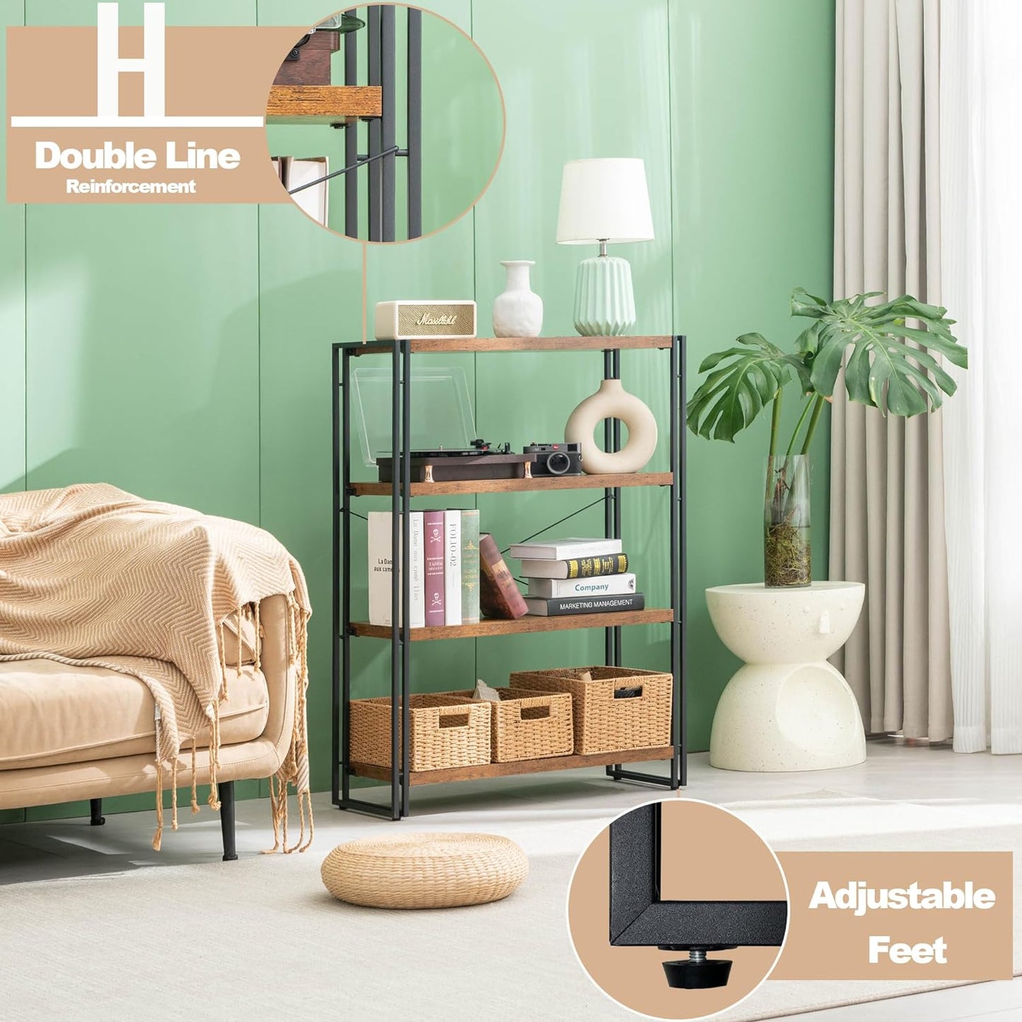 HCHQHS Bookshelf, 4-Tier Industrial Bookcase, Rustic Open Book Shelf, Freestanding Tall Bookshelves with Metal Frame