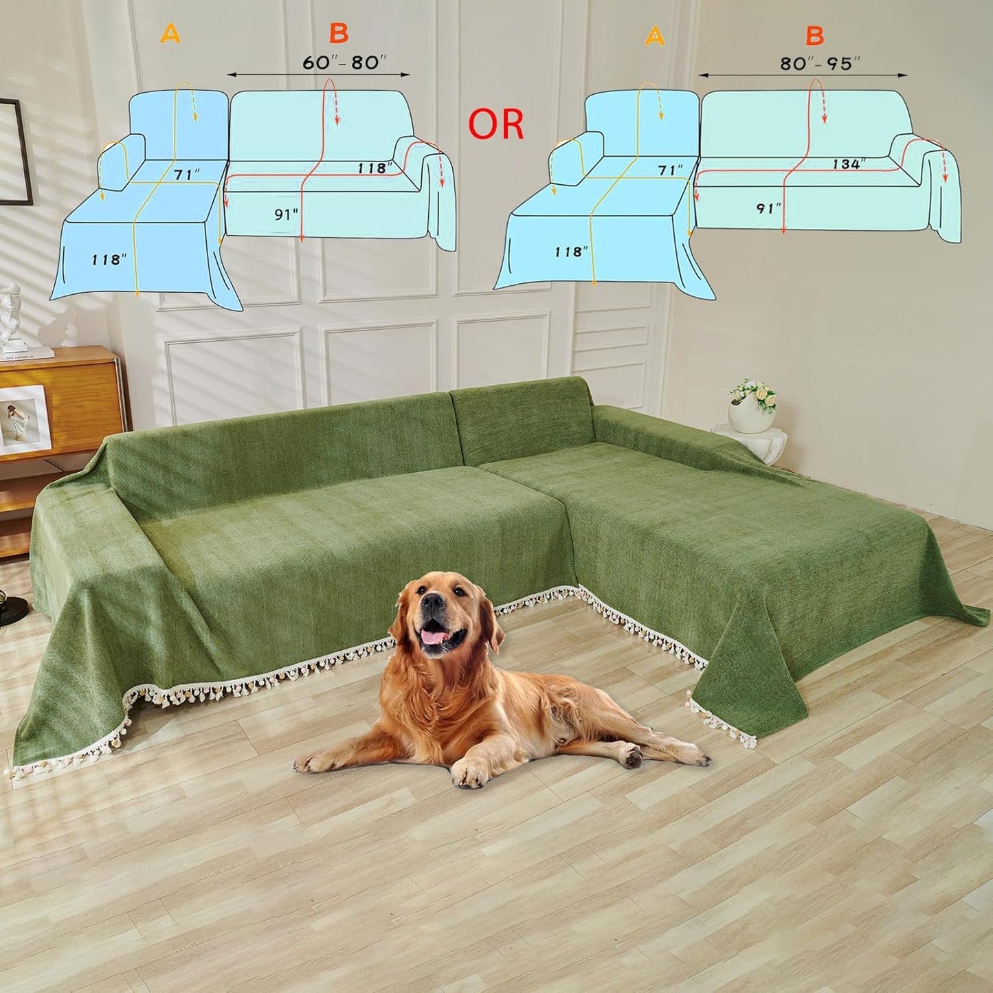 HANDONTIME Green Sofa Cover Vintage Couch Cover for Dogs 71" X134" Couch Cushion Covers with Tassel Herringbone Sofa Cover Boho Sofa Covers for 3 Cushion Couch Chenille Soft Loveseat Sofa Covers