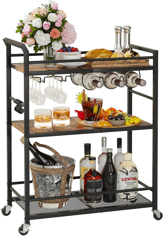 3 Tier Bar Cart, Home Bar Serving Cart with Wheels, Small Rolling Beverage Cart with Glass Holders, Mini Drink Cart with Wine Rack for Kitchen Dining Living Room Rustic Brown GBC507R