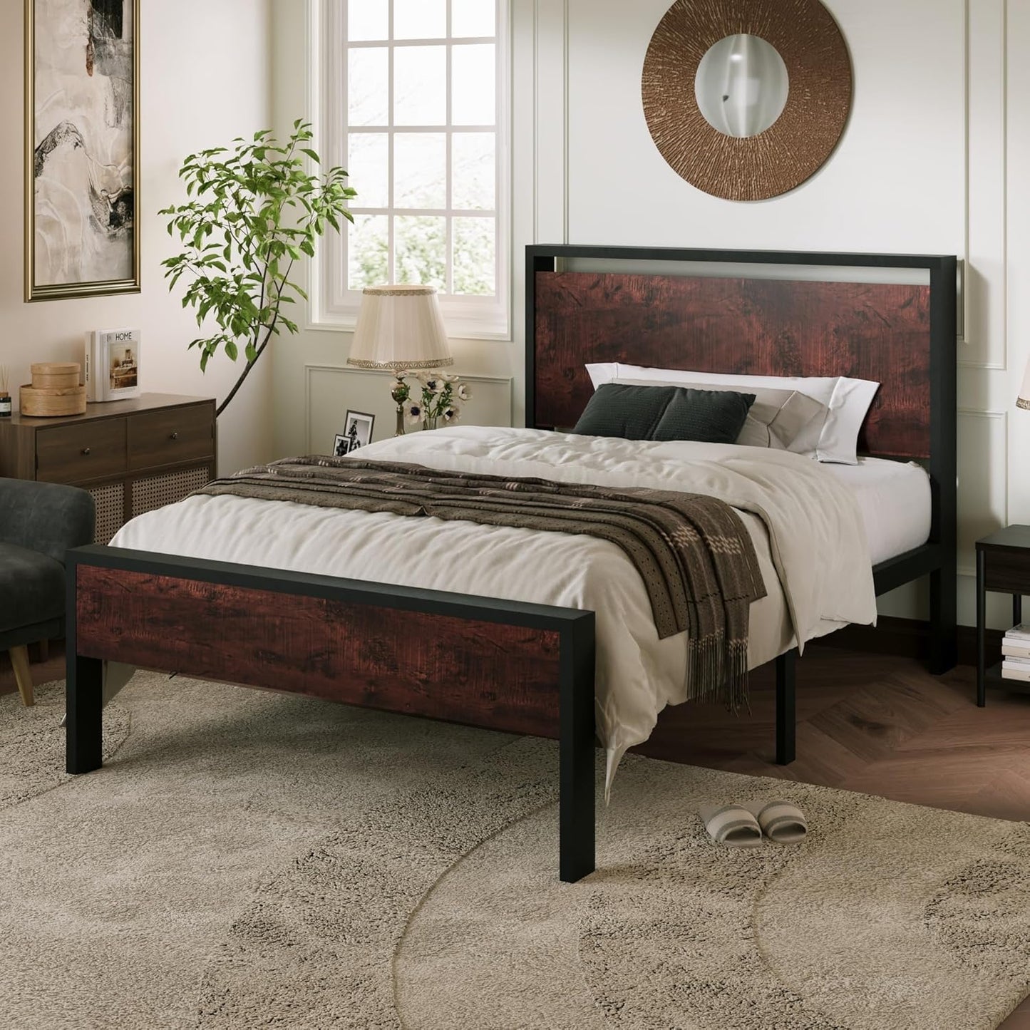 Allewie Twin Size Platform Bed Frame with Wooden Headboard and Footboard, Heavy Duty Metal Slats Support, No Box Spring Needed, Under-Bed Storage, Noise Free, Easy Assembly, Mahogany