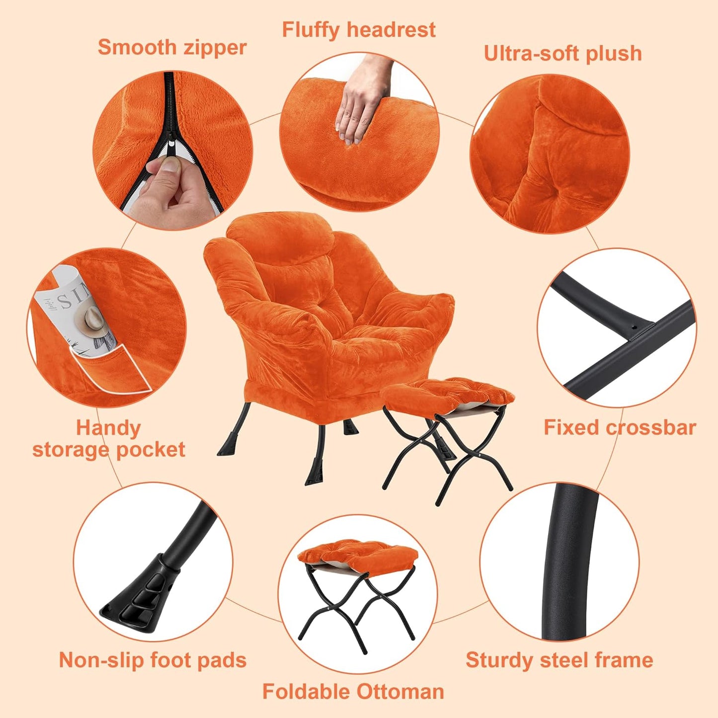 Fabric Lazy Chair with Ottoman, Oversized Upholstered Sofa Chair for Adults, Plush Comfy Lounge Chair with Large Side Storage Pocket, Reading Chair for Living Room, Bedroom, Office, Orange