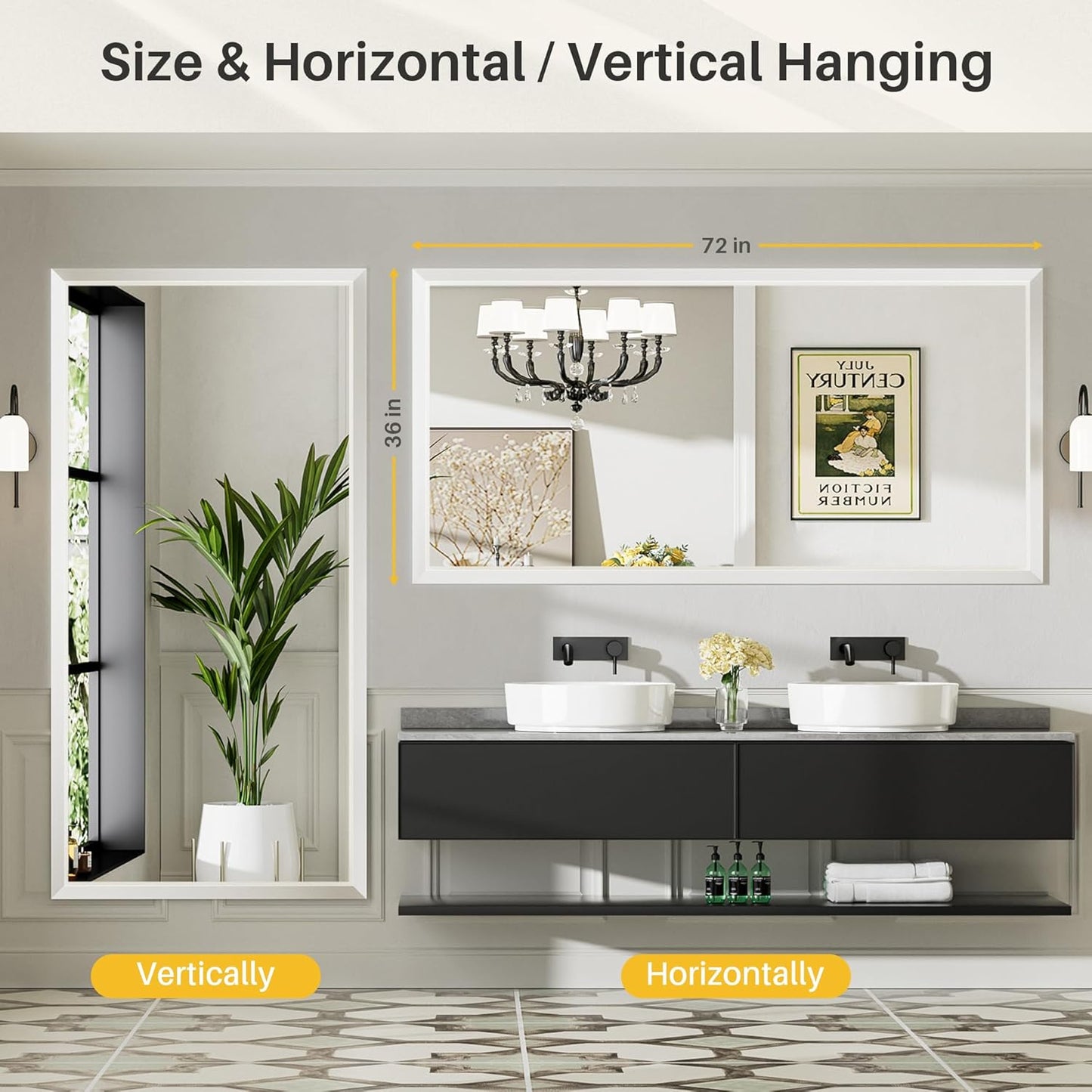 72x36 Inch White Bathroom Mirror for Wall, Thick Metal Framed Rectangle Mirrors for Over Sink, Bedroom, Living Room, Entryway, Anti-Rust, HD Tempered Glass