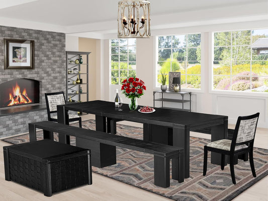 X02X2-2C6-30 4-pc Dining Room Table Set a Rectangular Kitchen Table and a wooden Bench and 2 Wire Brushed Black Polyester Stackable Chair, 39x120 Inch, Wire Brushed Black