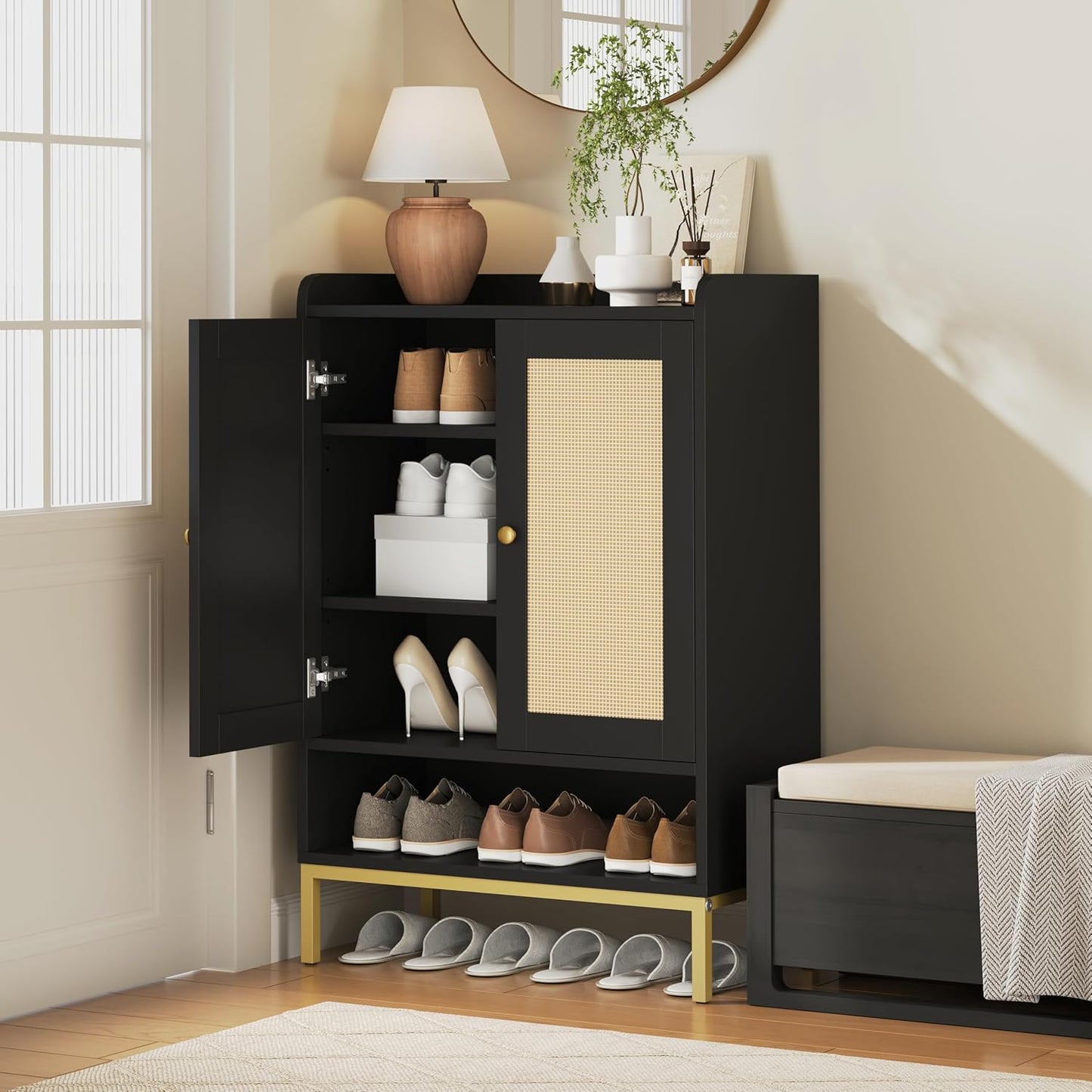 Rattan Shoe Cabinet Storage for Entryway, Shoe Cabinet with Adjustable Shelves for Entryway, 5-Tier, 20 Pair Shoe Rack Storage for Hallway, Closet, Living Room, Black