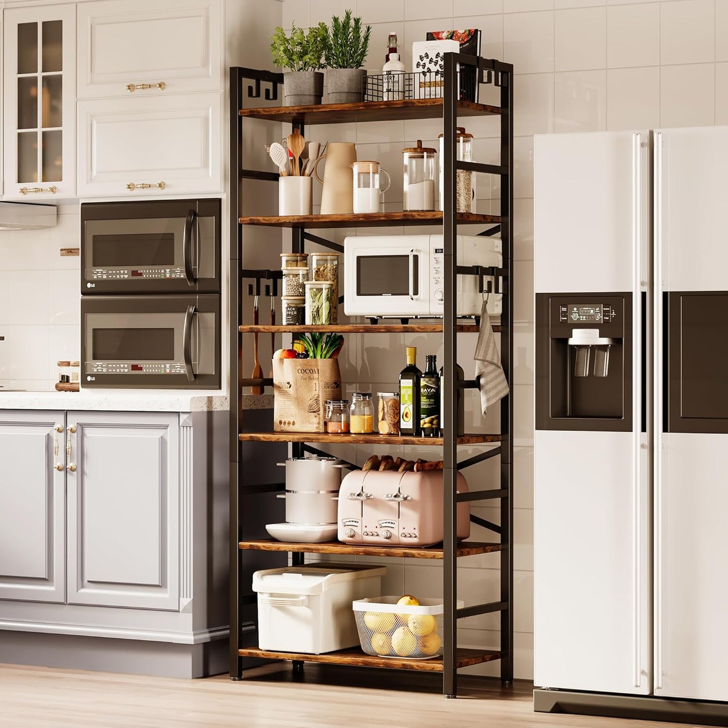 6 Tier Bookshelf, Industrial Bookcase with 8 Hooks, Vintage Storage Rack with Open Shelves, Rustic Standing Bookshelves Metal Frame Display Rack for Living Room, Bedroom, Rustic Brown