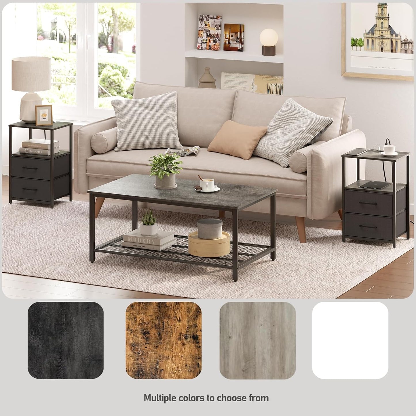 TUTOTAK LED End Table with Charging Station, Night Stand, Side Table with 2 USB Ports and Outlets, Nightstand with Cloth Drawer, Bedside Table for Livingroom, Bedroom Charcoal Grey TB01BY088L