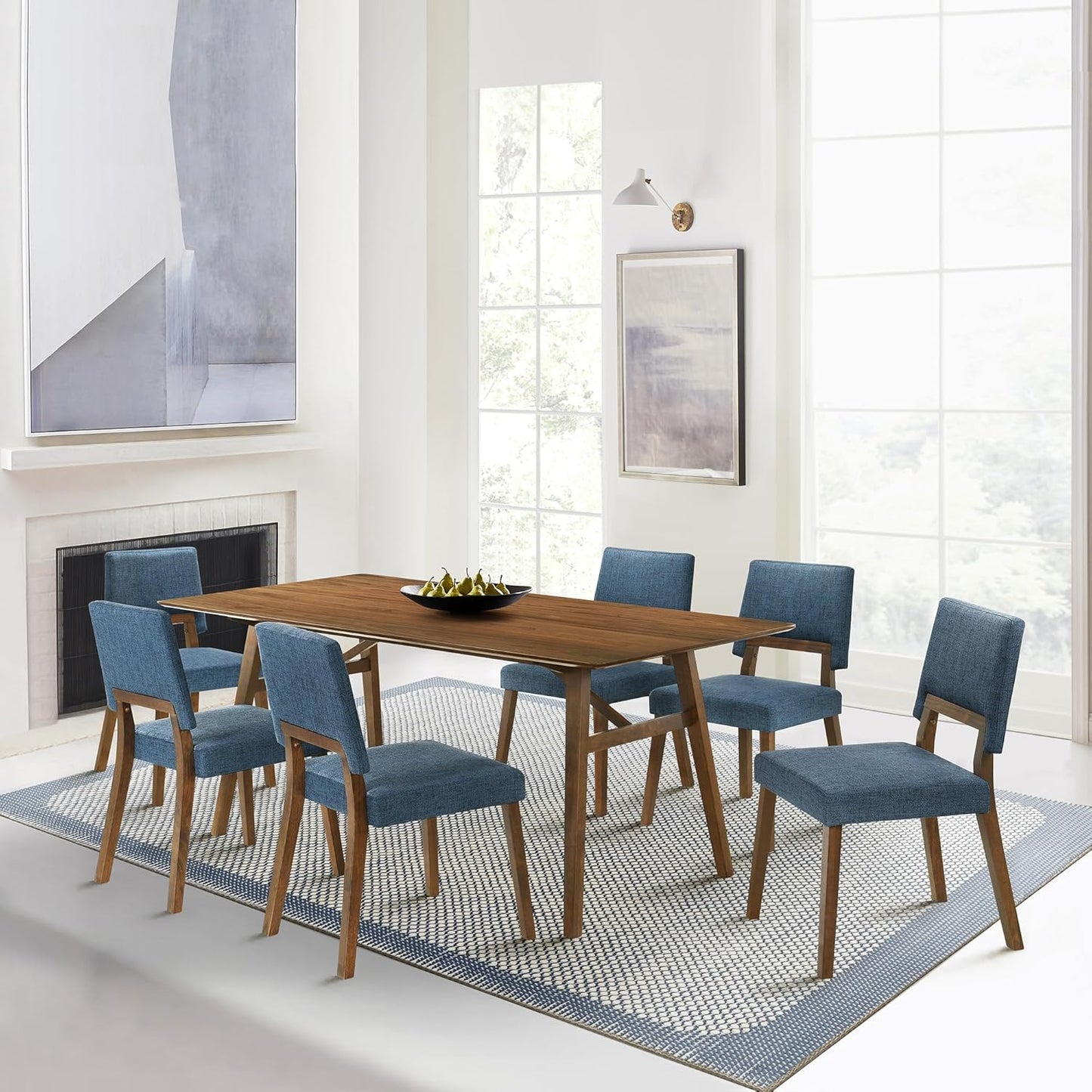 Armen Living Channell Mid Century Modern 7 Piece Walnut Wood Dining Table Set with Blue Fabric