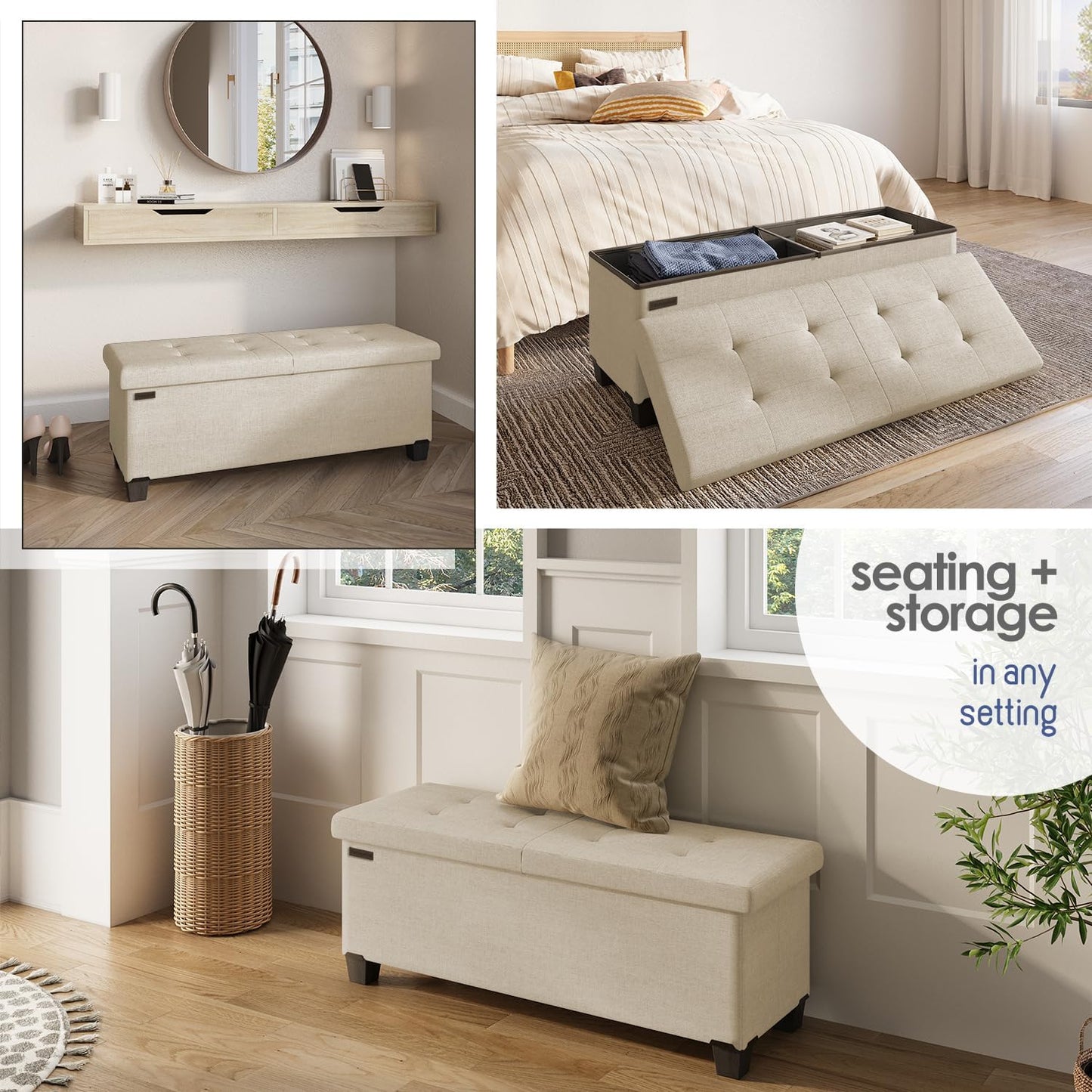 STORAGEBUD Storage Ottoman Bench with Bins, 43-in Storage Bench for Bedroom End of Bed, Folding Foot Rest Ottoman for Living Room Max 660lbs, Fabric Ottomans, Beige