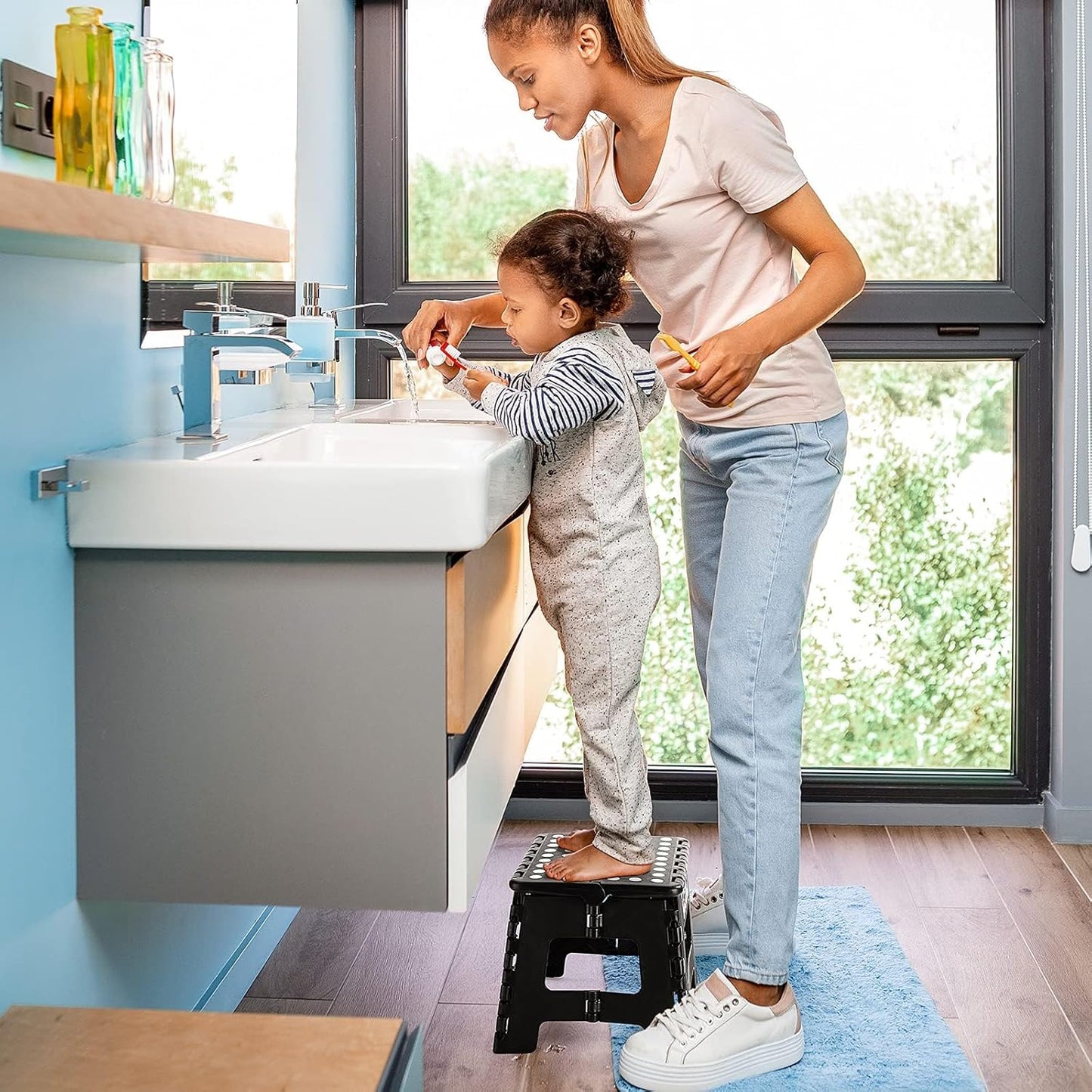 Delxo 9 Inch Folding Step Stool, Black Step Stools Foldable,Portable Collapsible Step Stool with Handle, Folding Stool for Kitchen Bathroom,Bedroom,Garden