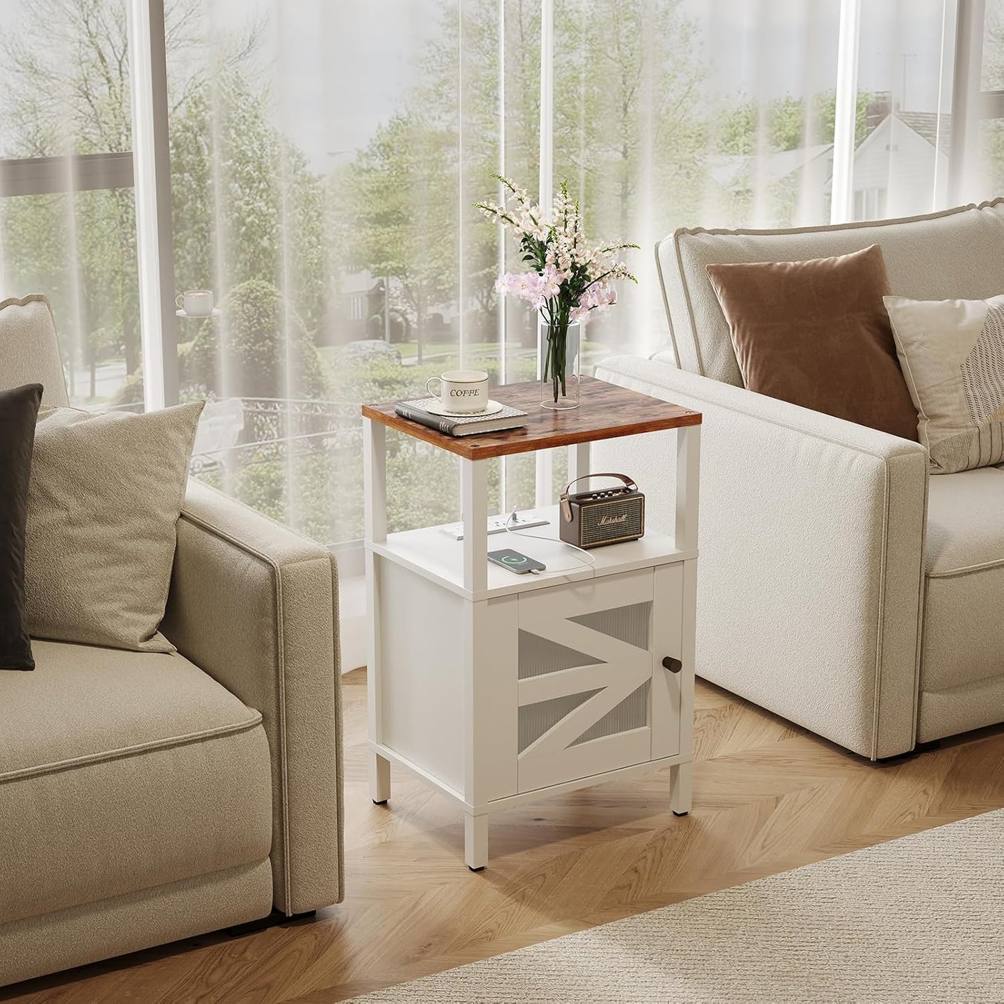 Farmhouse Nightstand with Charging Station, White Bedside Table with USB&Type-C Ports and Outlets, End Table with Storage, Acrylic Door, for Bedroom, White and Rustic Brown ETRW97E01