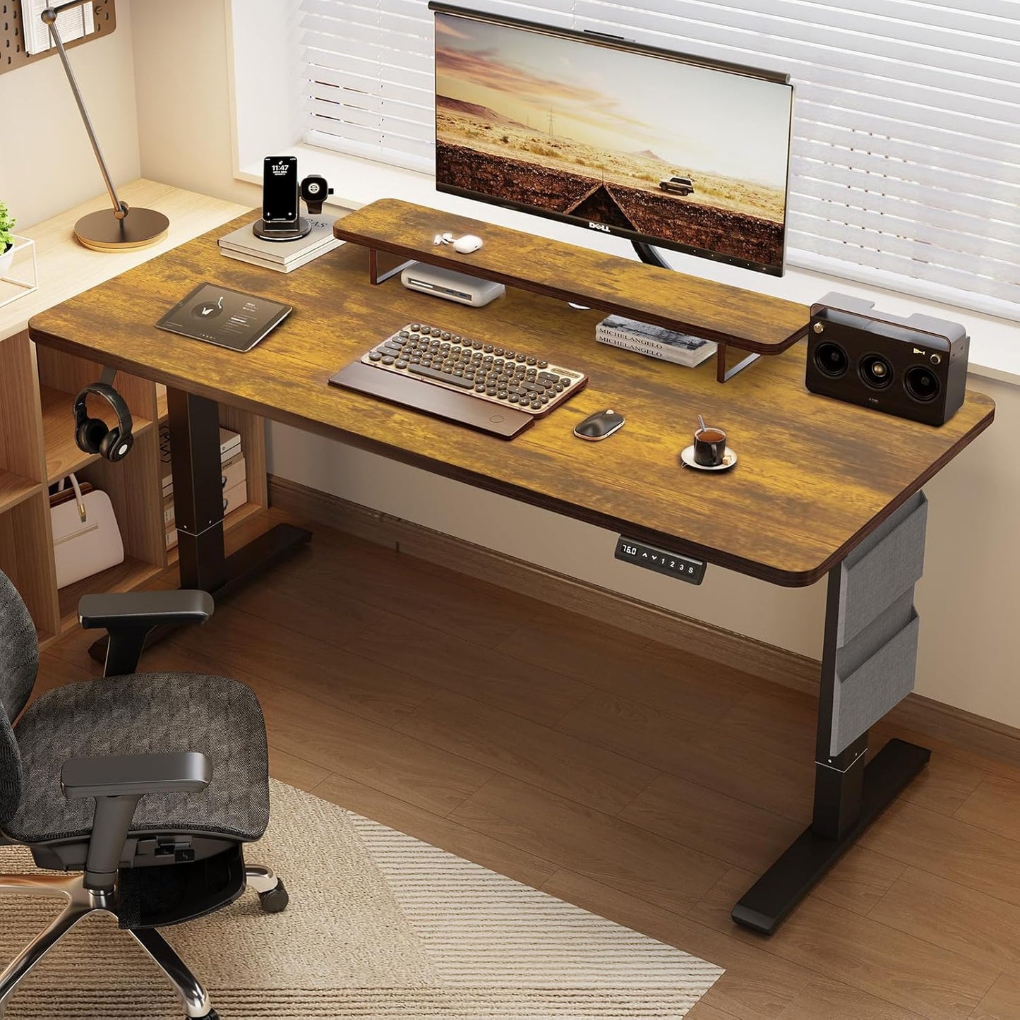 Whole Piece 1-Inch Thick Standing Desk with Side Storage Bag, Cable Management Tray, Monitor Stand Riser, Electric Adjustable Height Rising Table, Ergonomic Office Computer Desks 47.2x23.6 Inch