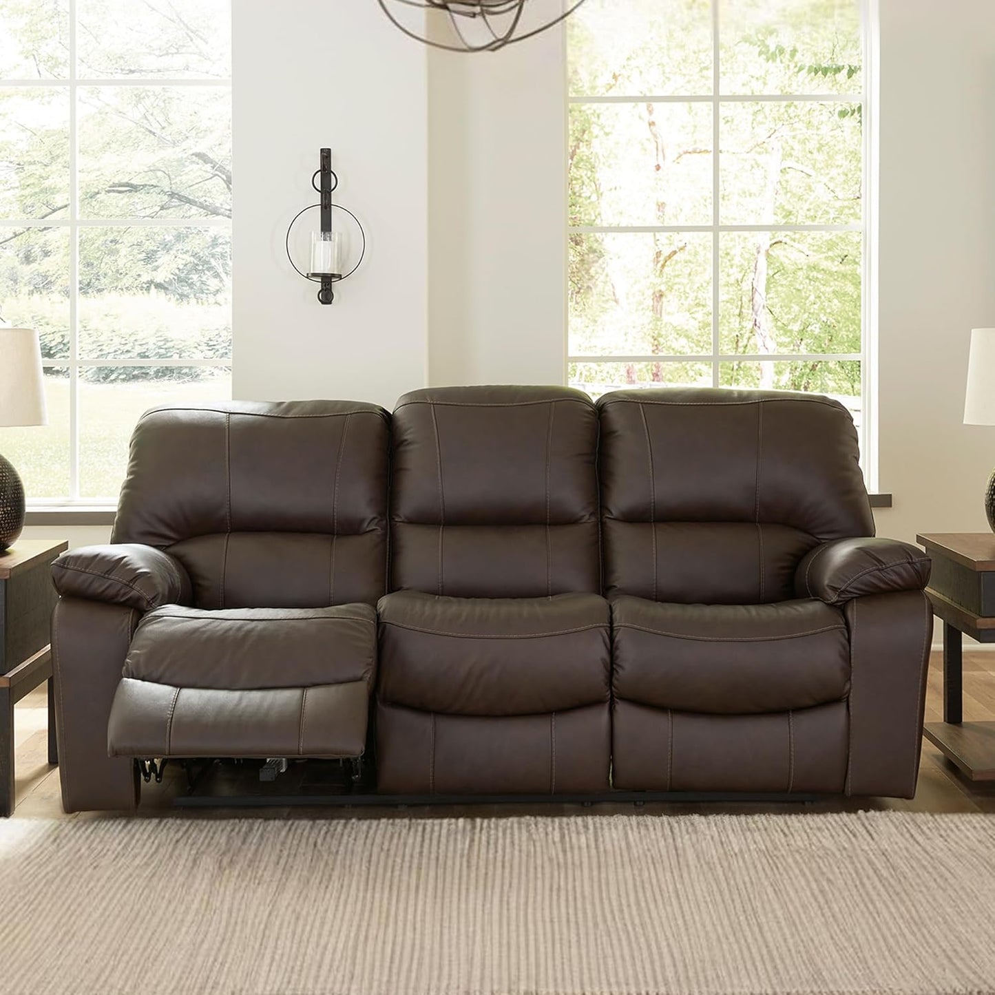 Signature Design by Ashley Leesworth Modern Leather Match Power Reclining Sofa with USB Ports, Dark Brown
