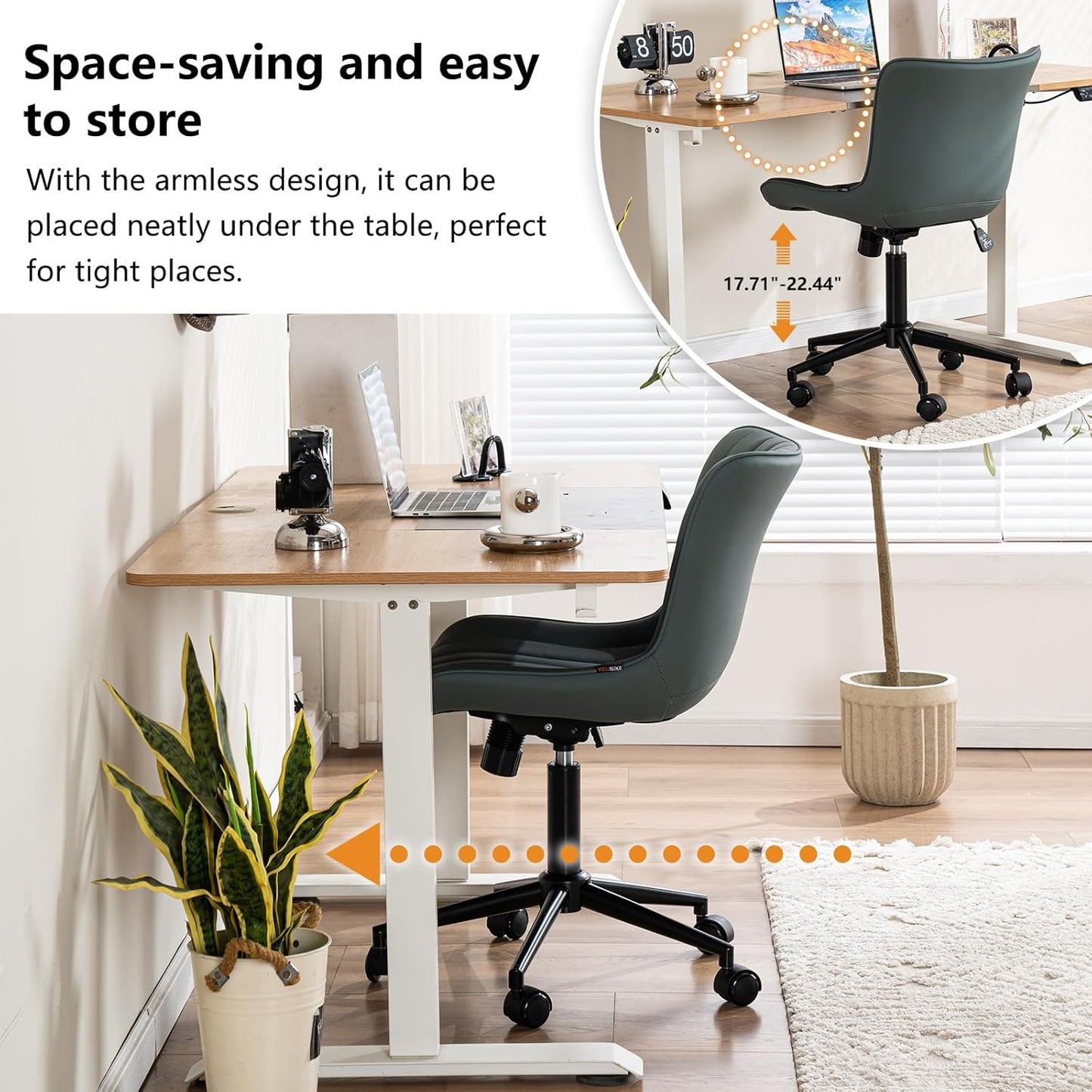 YOUNIKE Home Office Desk Chair with Wheels Armless Compact Comfy Vanity Chair with Adjustable Back Modern Small Leather Upholstered Rolling Swivel Cute Computer Task Chair No Arms Greyish Green