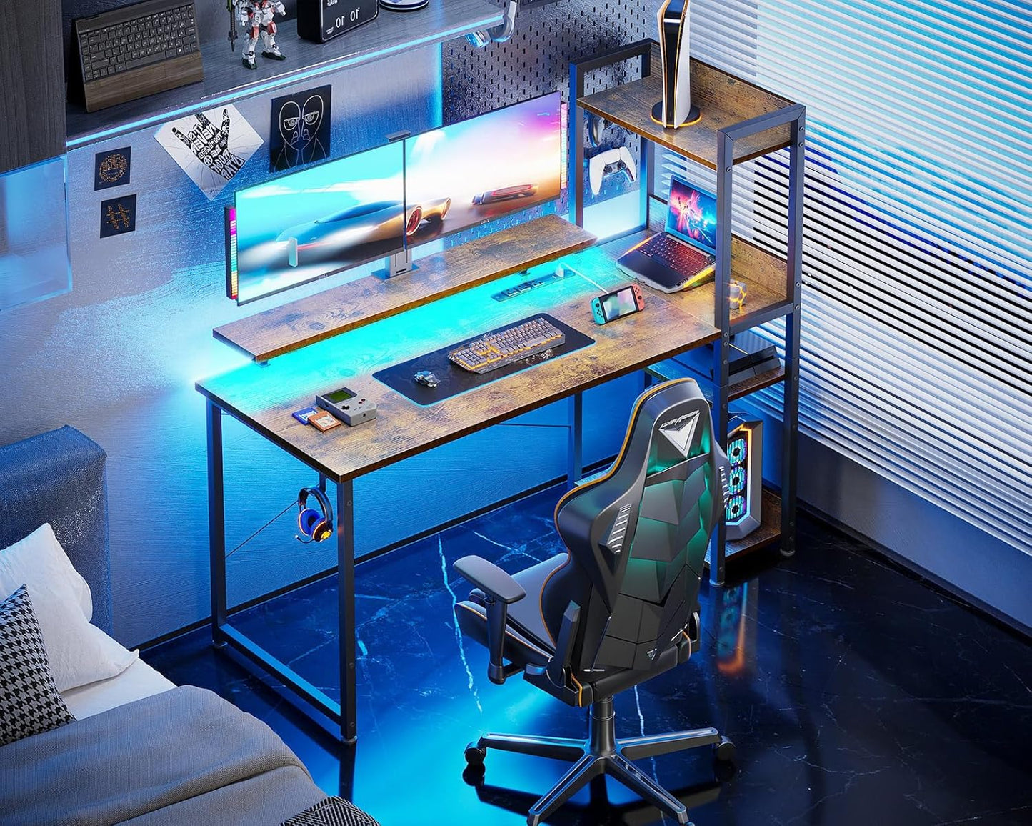 ODK Reversible Gaming Desk with Power Outlets and LED Lights, 48 Inch Computer Desk with Storage Shelves and Monitor Stand, Modern Writing Study Desk for Home Office, Rustic Brown