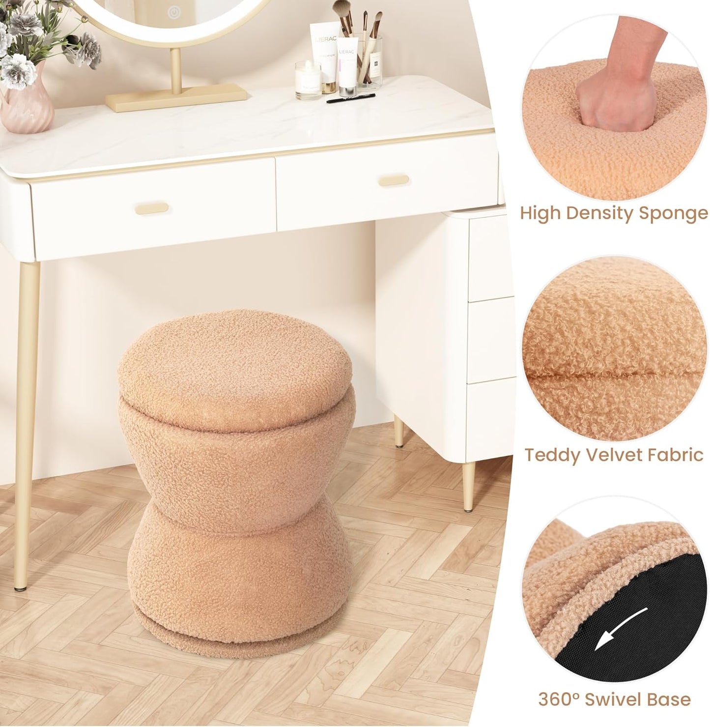 360 ° Swivel Storage Ottoman, Boucle Ottoman Vanity Stool, Upholstered Footstool with Storage Removable Lid, Modern Round Boucle Footrest Coffee Table for Living Room, Dorm, Makeup Room, Coral