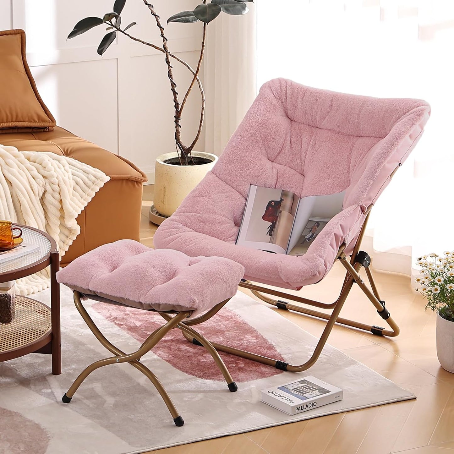 Comfy Folded Chair with Ottoman, Oversized Folding Faux Fur Chair Soft Furry Lounge Lazy Chair with Metal Frame Moon Chair Accent Chair for Bedroom, Living Room, Dorm Rooms