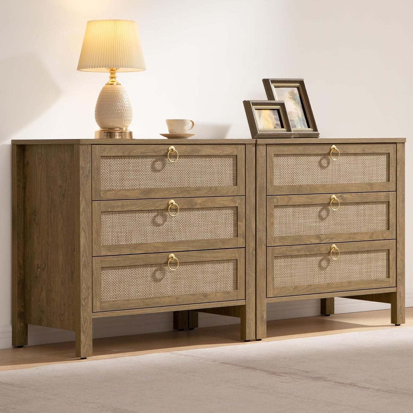 SICOTAS Nightstand Set 2 with Drawers - Large Rattan Bedside Table with Golden Handle, 3 Drawers Night Stand Tall End Table 26.78" Wide Side Table Boho Nightstand for Bedroom