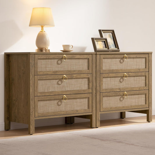 SICOTAS Nightstand Set 2 with Drawers - Large Rattan Bedside Table with Golden Handle, 3 Drawers Night Stand Tall End Table 26.78" Wide Side Table Boho Nightstand for Bedroom