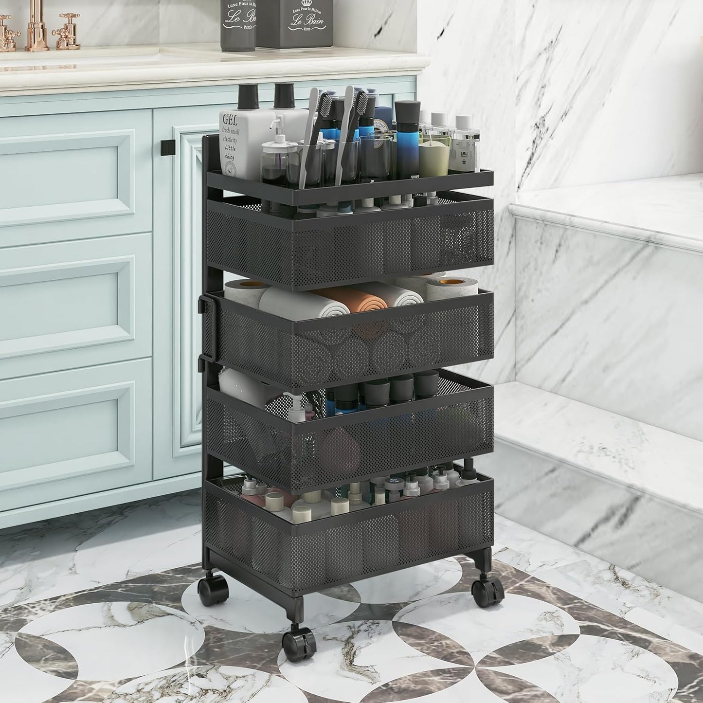 Bathroom Rotating Storage Cart No Assembly Required 4-Tier Metal Sturdy Fruit Basket for Kitchen, Rolling Vegetable Storage Rack,Bathroom Shelf,Storage Drawer Cart (Black, 4 Tier-Square)