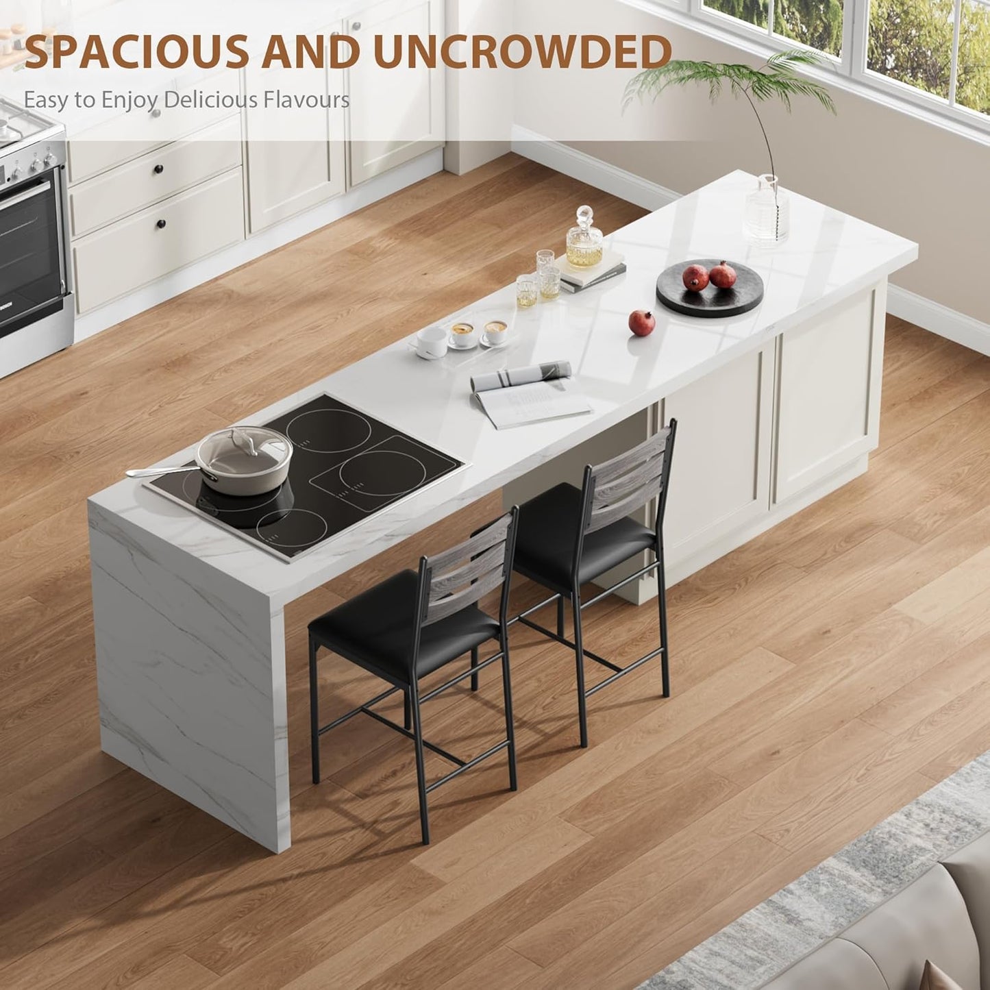 GarveeHome Bar Stools Set of 2, Wooden Barstools, Faux Leather Upholstered Bar Chair with Back & Footrest & Thick Cushion, Counter Height Bar Stools for Kitchen Island Apartment, Grey