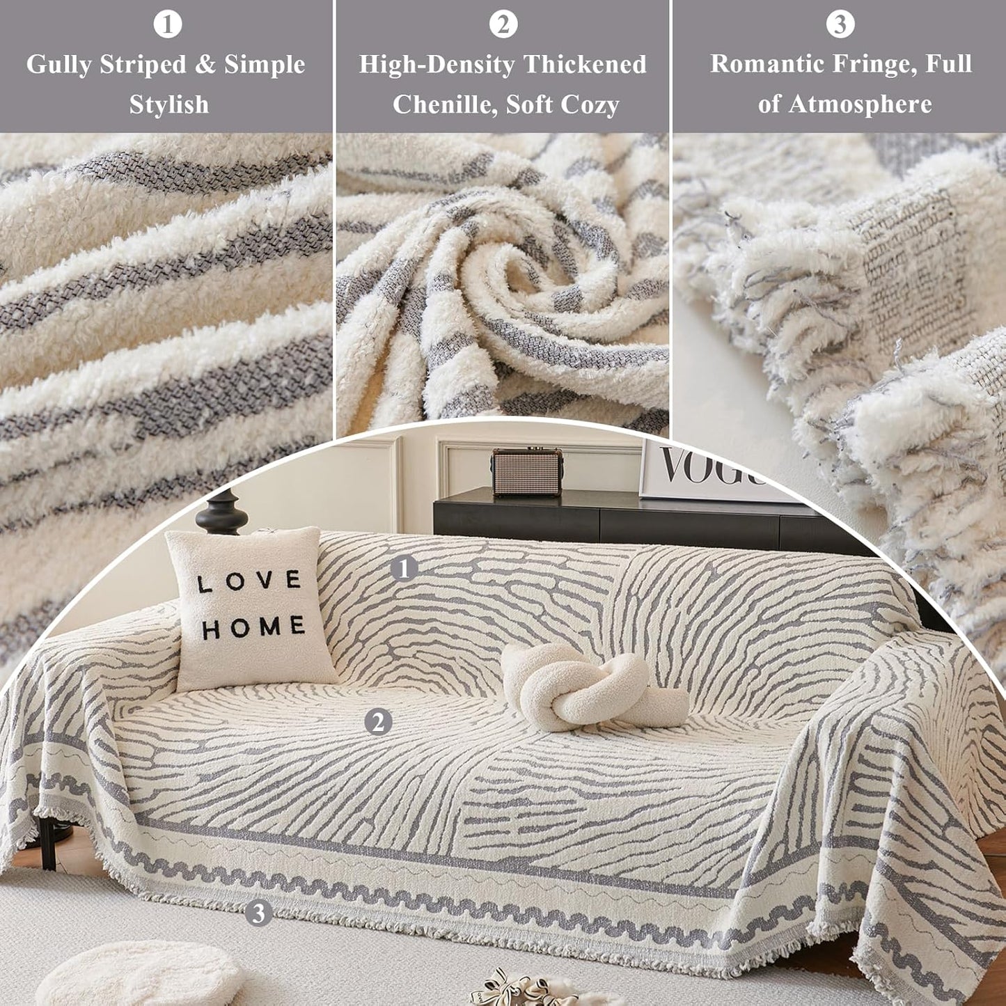 STACYPIK Modern Gray Geometric Sofa Cover, Anti-Slip Reversible Boho Dog Couch Cover, Washable Silpcover Protector for 2 Cushion Couch, Durable Loveseat Cover for Sectional, Multi-use Blanket-71X118IN