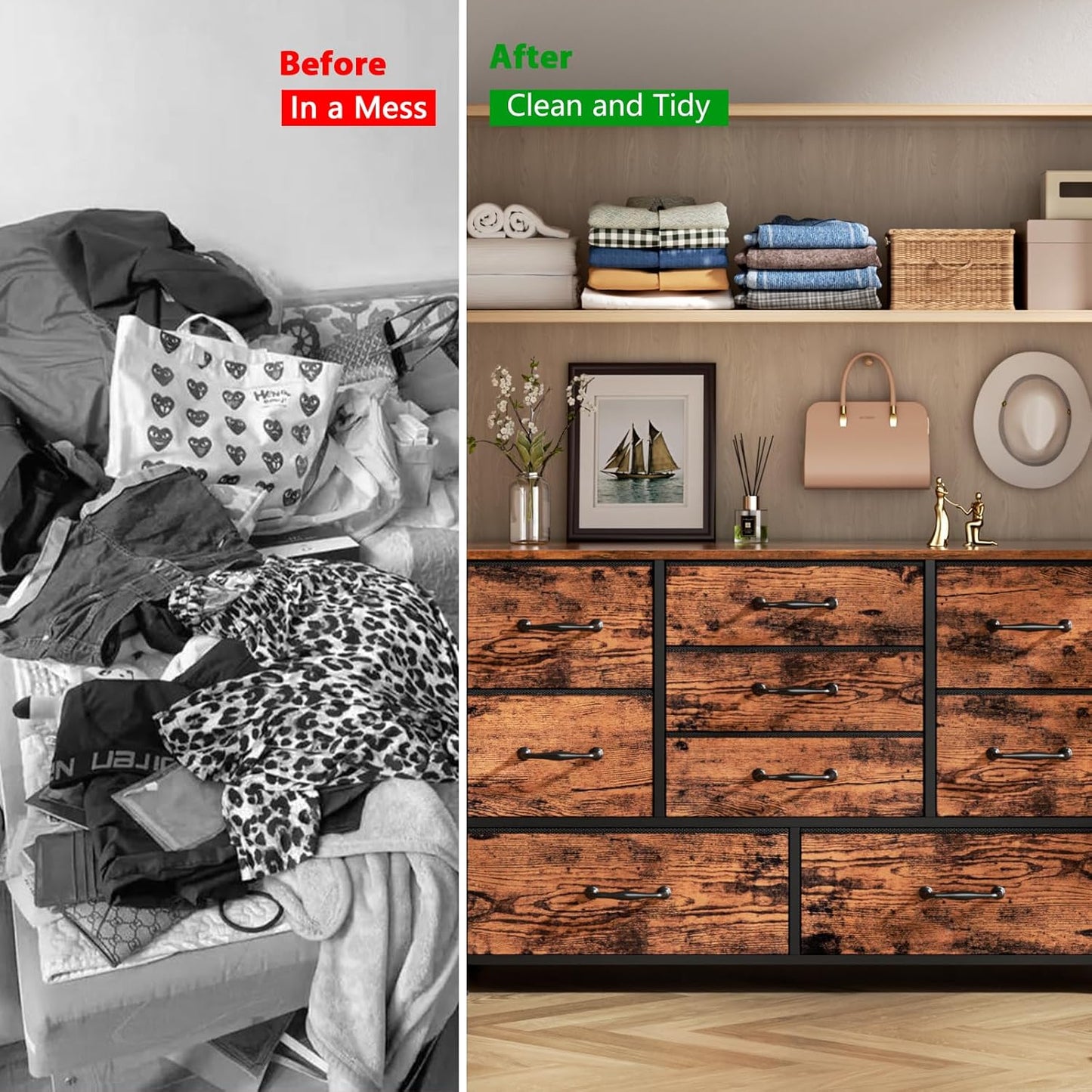 Furnulem Dresser for Bedroom with 9 Fabric Drawers for 55'' Long TV Stand Entertainment Center & Chest of Drawer, Wide Dresser Storage for Living Room, Dorm, Entryway, Sturdy Metal Frame, Rustic Brown