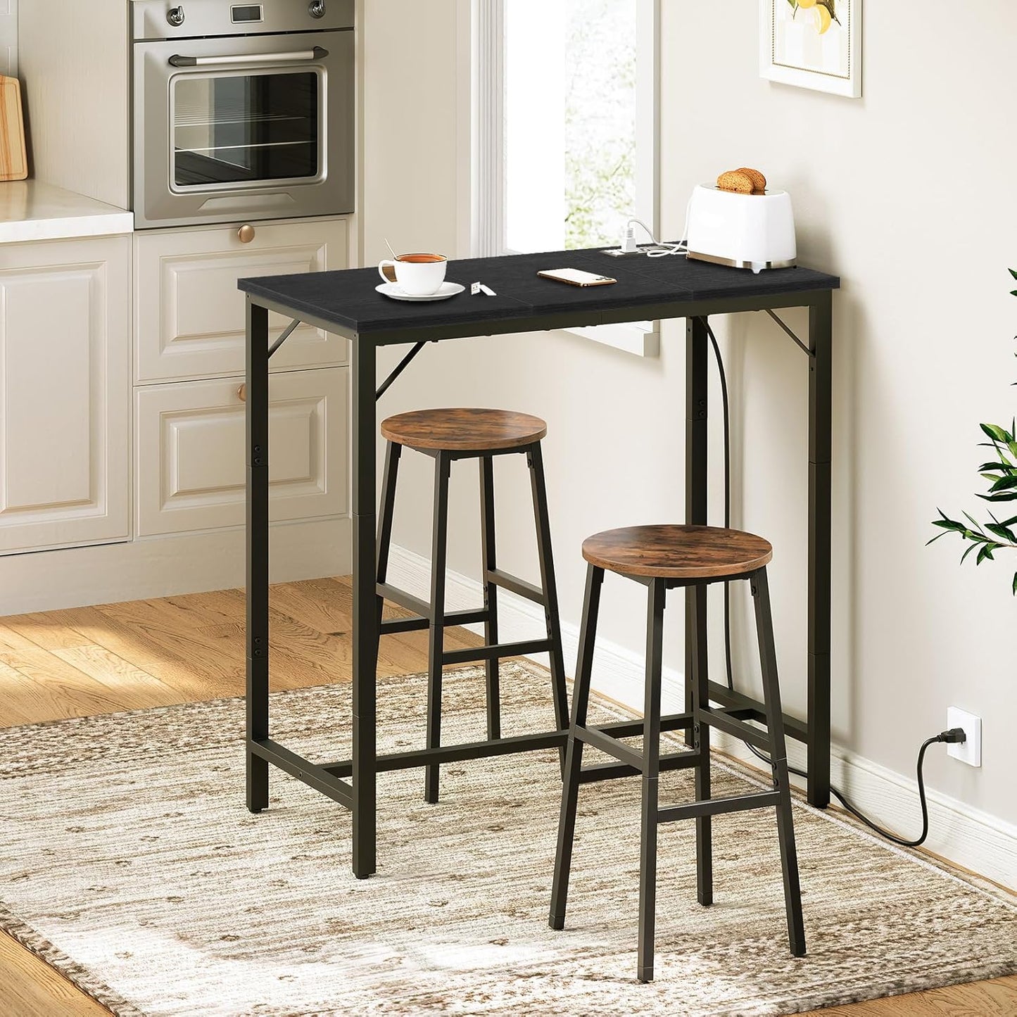 HOOBRO Bar Table with Charging Station, Rectangular Pub Table, High Top Coffee Table, Counter Bar Height Table, Narrow Long Dining Table, 35.4" L x 15.7" W x 35.6" H, Black BB90UBT01N1