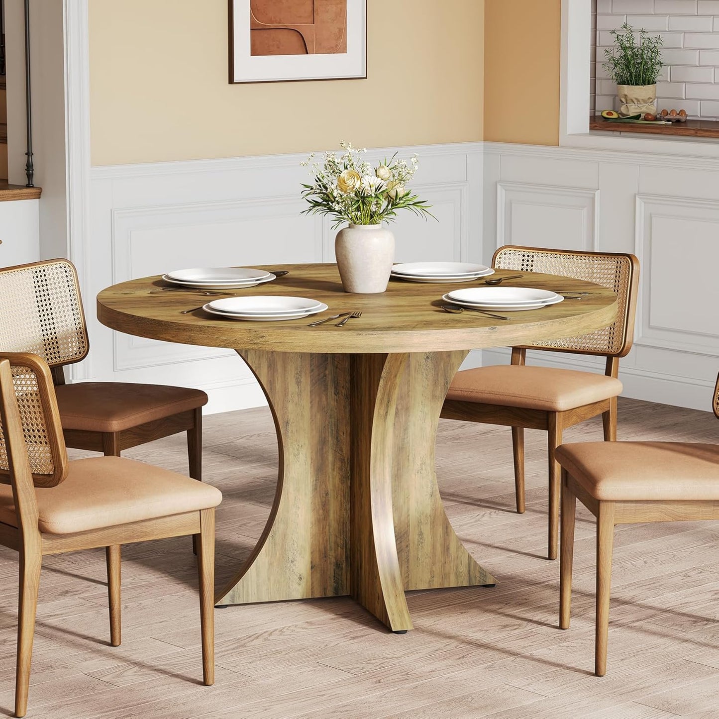 LITTLE TREE Round Dining Table for 4-6, 47.24 Inches Farmhouse Wooden Kitchen Table with Spacious Tabletop for Dining Room, Oak