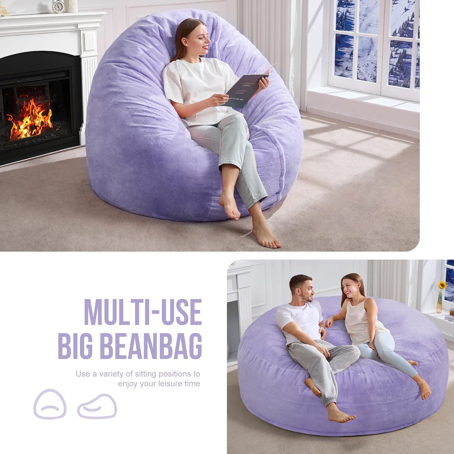 Hobestluk 6ft Bean Bag Chairs for Adults Large Beanbag Chair with Plush Faux Fur Cover Big Bean Bag Chair for Living Room Bedroom Dorm Office - Purple (70" x 70" x 15")