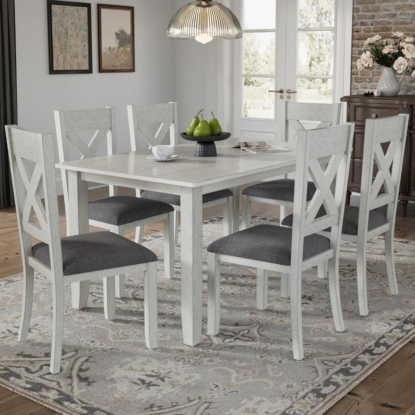 VECELO Peatuk 6-Piece Solid Wood Dining Table Set for 6, Modern Breakfast Dinette Kitchen Table with Chairs for Dining Room, Kitchen, Grey